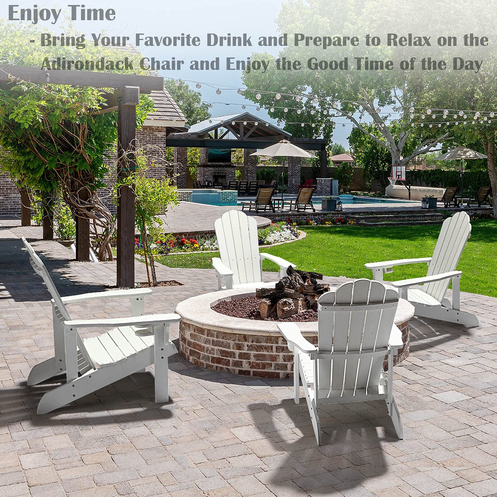 Premium HIPS Adirondack Chair - Weather-Resistant Outdoor Plastic Chair with Cup Holder for Patio, Backyard, Deck, Fire Pit, Lawn & Porch - Perfect for Relaxing, Sunbathing & Outdoor Gatherings (White)