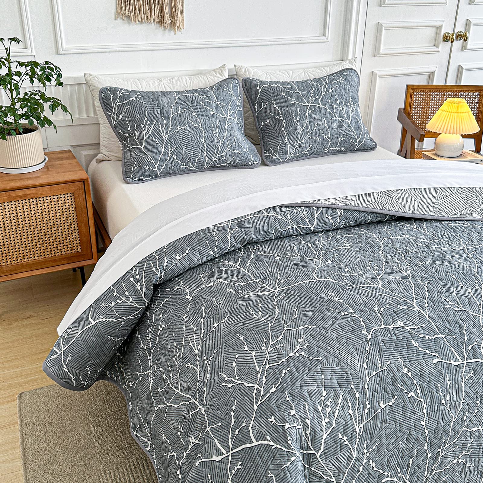 Soft Reversible 2-Piece Gray Cotton Quilt Set with White Branch Design - Twin Size Bedspread & 2 Pillow Shams | Cozy Bedroom Decor for Guest Rooms, Dorms & Modern Homes