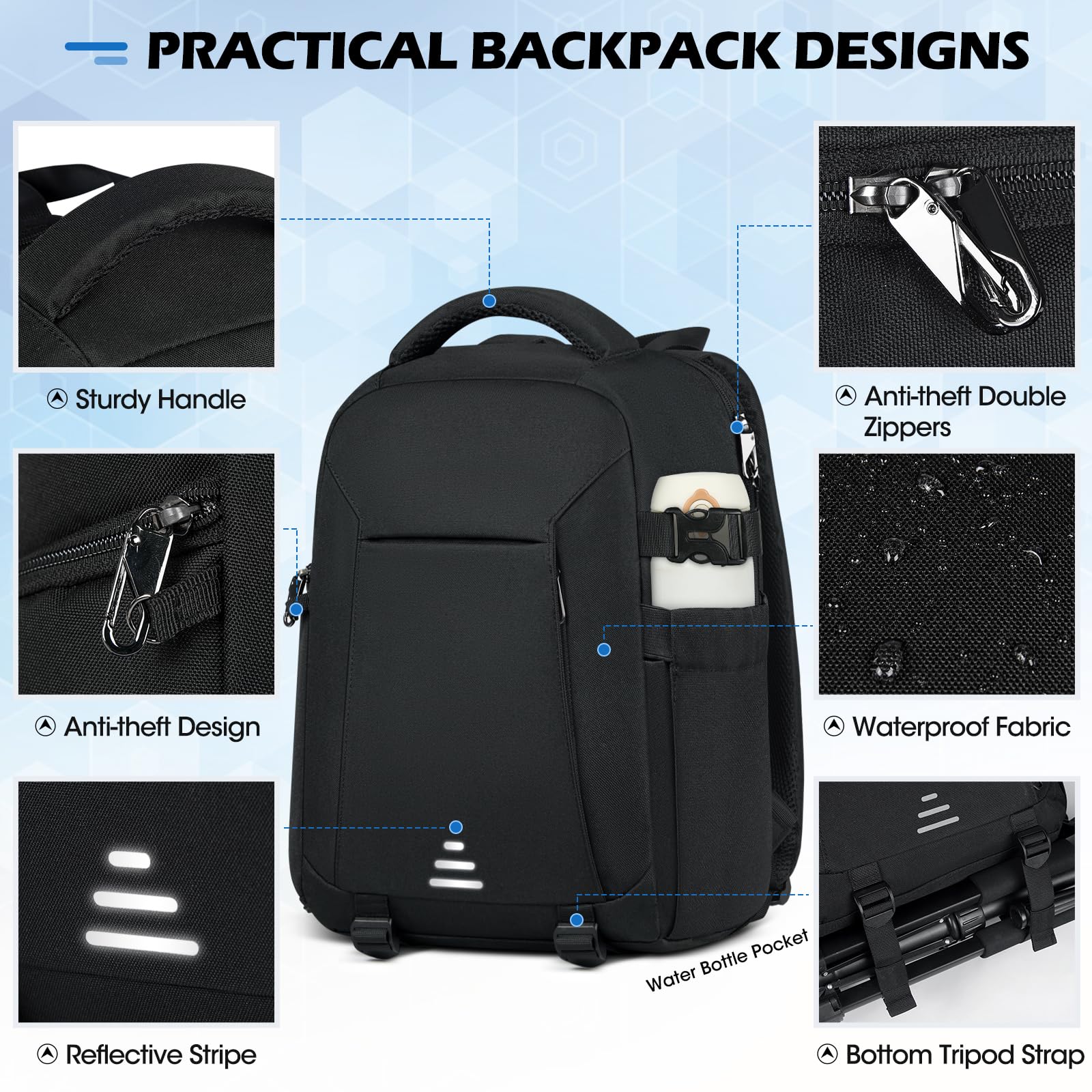 Professional DSLR SLR Camera Backpack - Waterproof Anti-Theft Photography Bag with Rain Cover & Tripod Holder, Fits 14 Inch Laptop - Large Durable Camera Case for Men & Women (Black) - Perfect for Travel, Hiking & Outdoor Photography