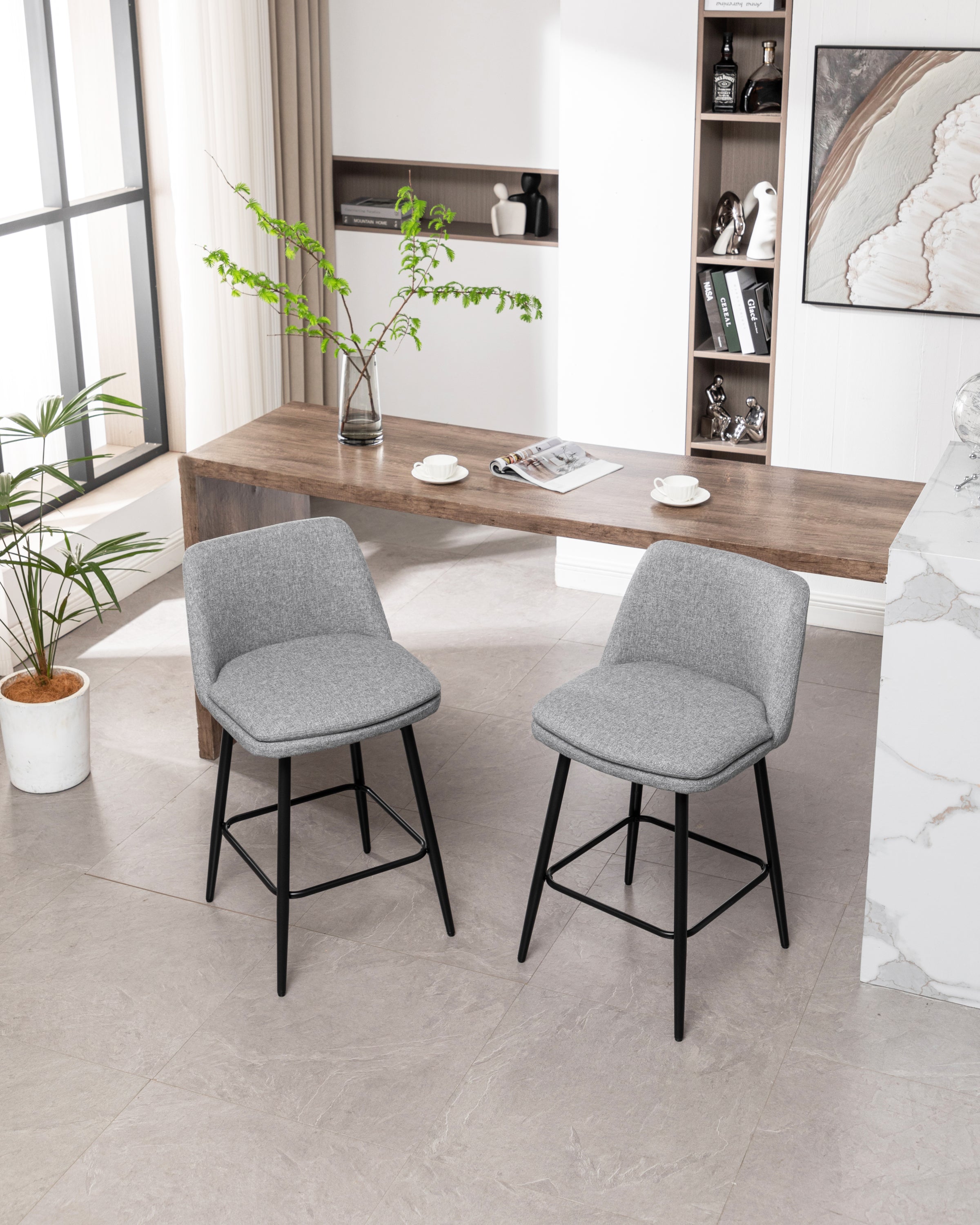 360° Swivel Counter Height Bar Stools Set of 2 - Upholstered with Back Support & Sturdy Metal Legs, 25.6