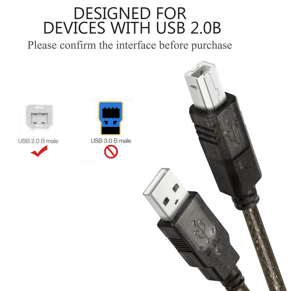 30ft USB 2.0 Printer Cable - High Speed USB A to B Cord with Built-in Signal Booster Chip for HP/Epson/Canon Printers & Scanners | Office & Home Use | Fast Data Transfer & Stable Connection