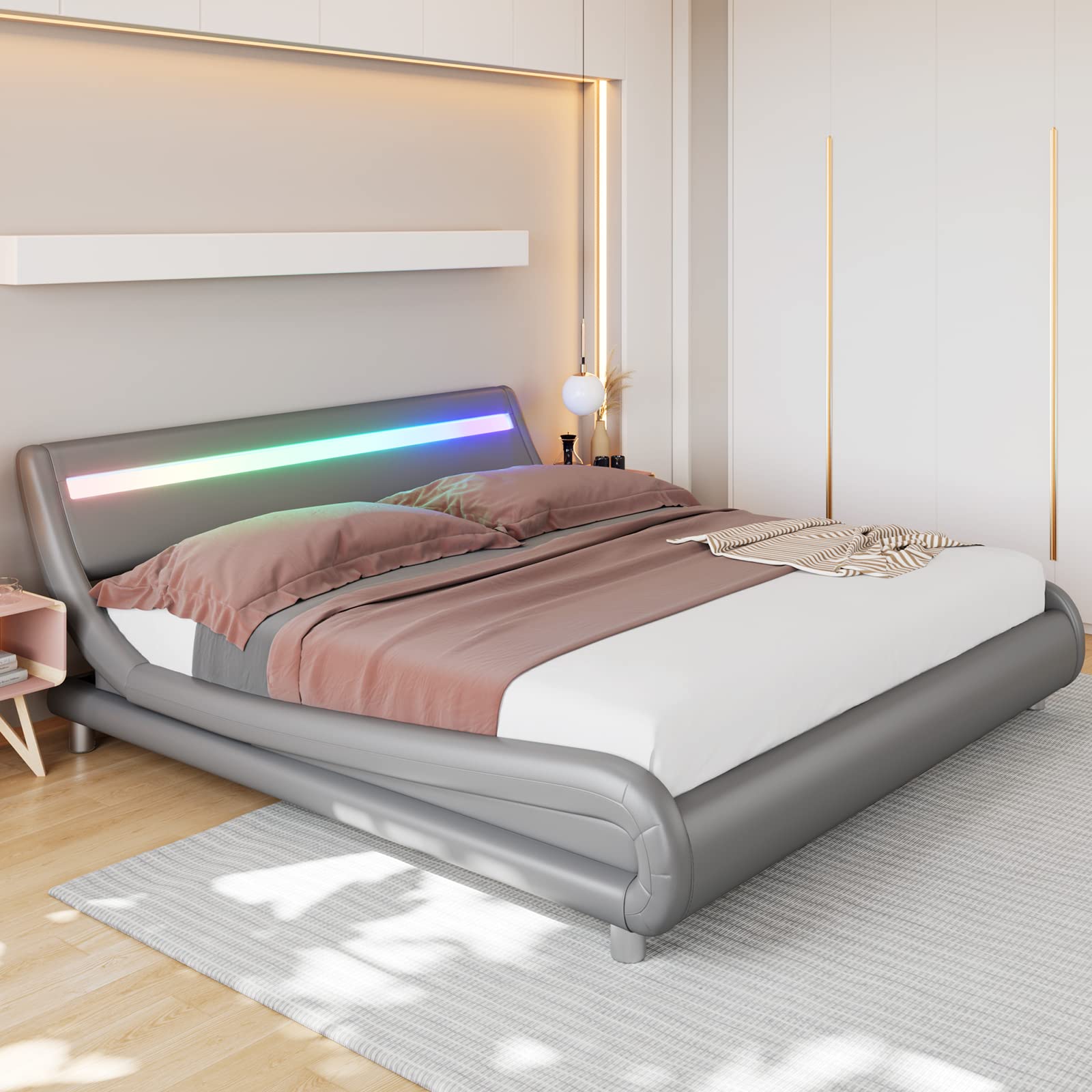 Smart LED Bed Frame with Headboard - King Size Grey Platform Bed with Color Changing Lights & Music Sync | App Controlled Upholstered Sleigh Bed for Modern Bedroom | Durable Low Profile Design for Smart Home Decor