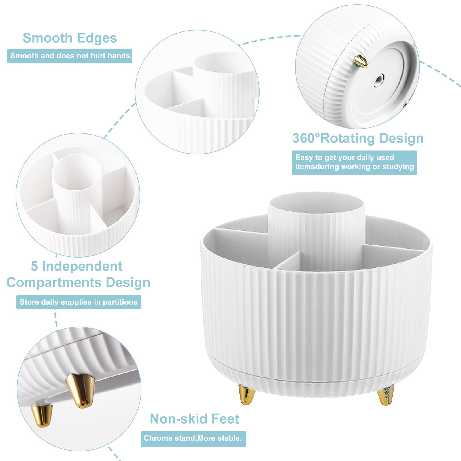 360° Rotating 5-Slot Pencil Holder for Desk - White | Office, School & Home Desk Organizer | Perfect for Pens, Markers, Scissors & Art Supplies | Compact Desktop Storage Solution for Stationery & Workspace Organization