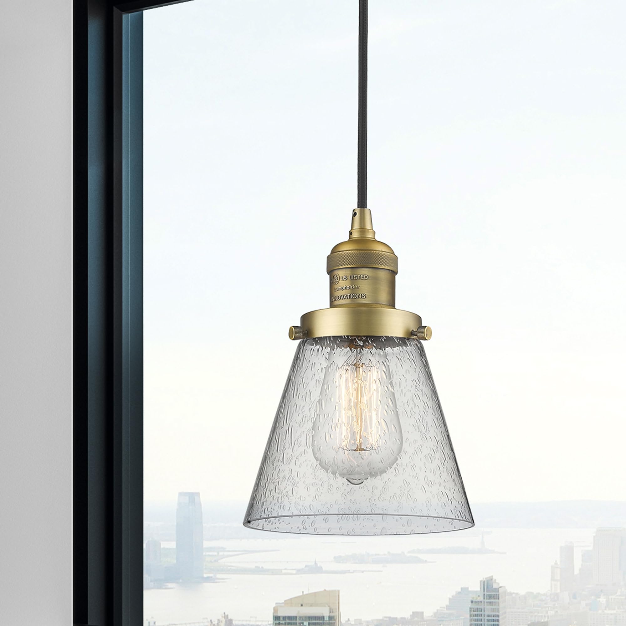 Innovations 201C-BB-G64 1 Light Mini Pendant Light Fixture - Brushed Brass Finish - Modern Ceiling Lighting for Kitchen Island, Dining Room & Bedroom Decor