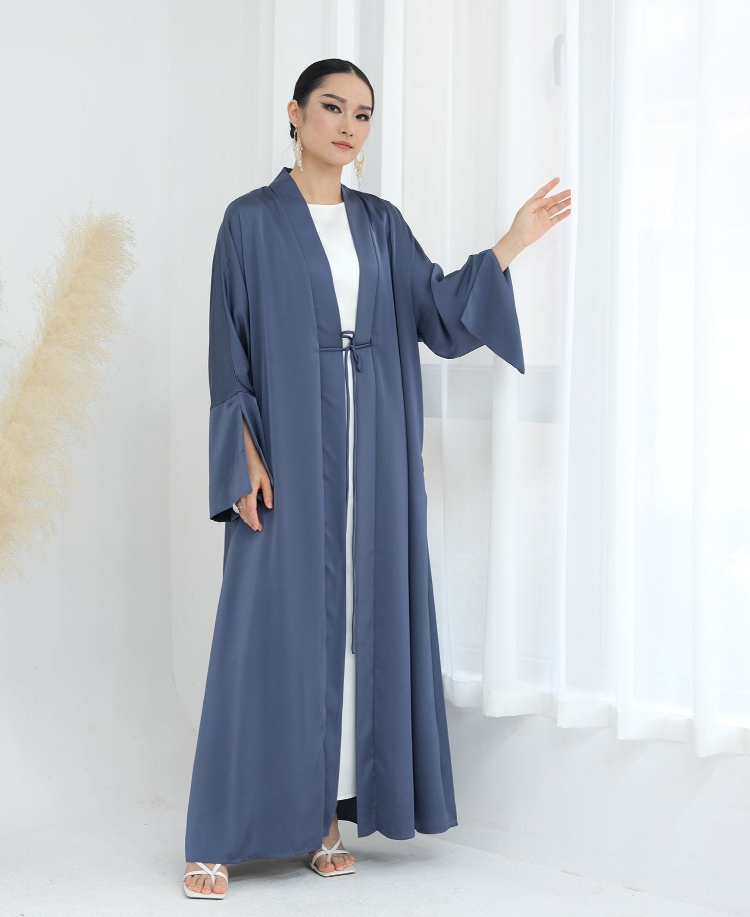 Lavinia Satin Open Abaya Denim - Elegant Muslim Prayer Dress for Women | Perfect for Prayer, Mosque, and Special Occasions
