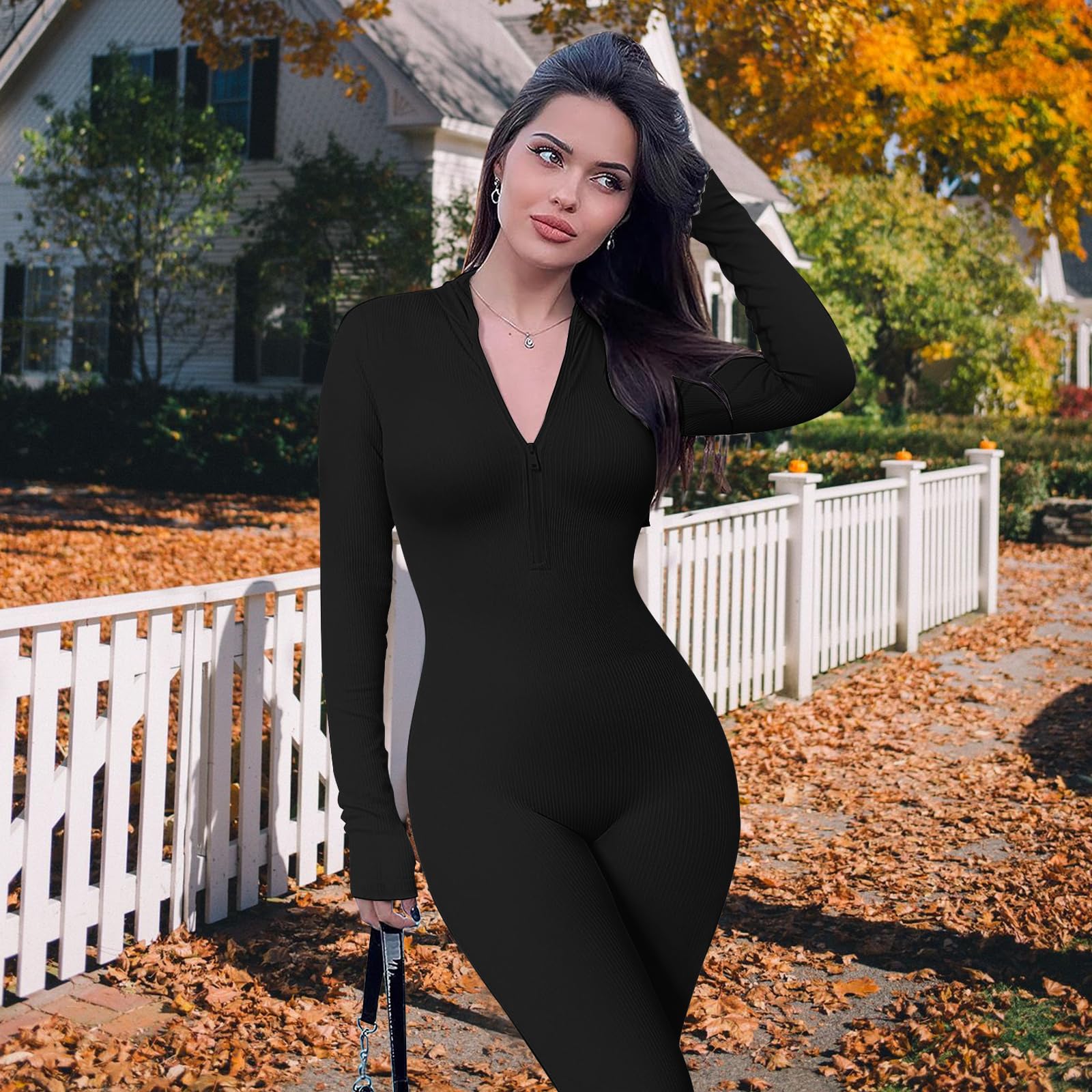 Jetjoy Women's Ribbed Long Sleeve Jumpsuit - Seamless Yoga Unitard with Zip Up, All-in-One Romper & Playsuit for Workout, Yoga, Lounge & Casual Wear