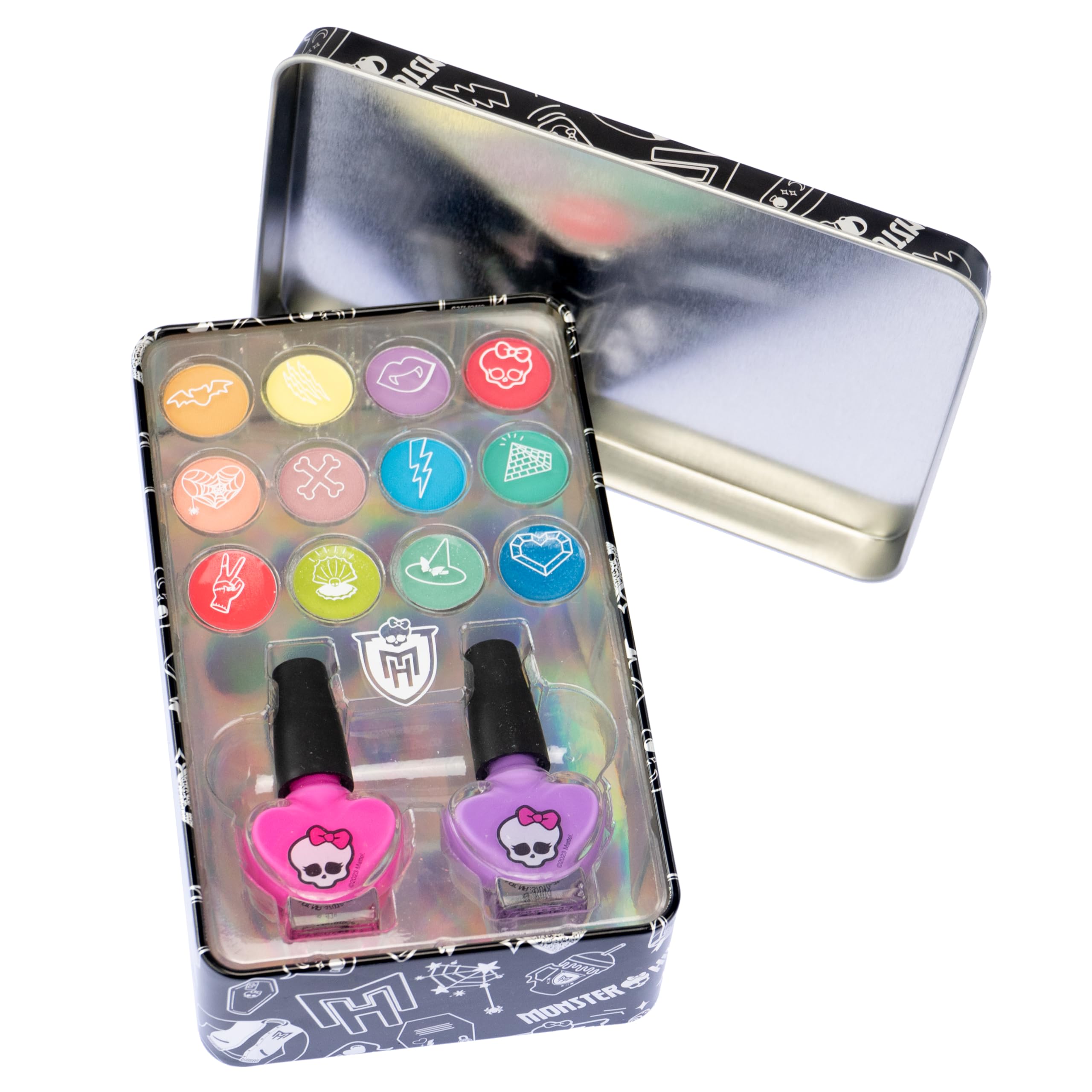 Monster High Tin Case Nail & Makeup Set - Eyeshadow Palette & Nail Polish Kit for Teens, Girls | Perfect for Birthday Gifts, Halloween Costumes & Party Makeovers