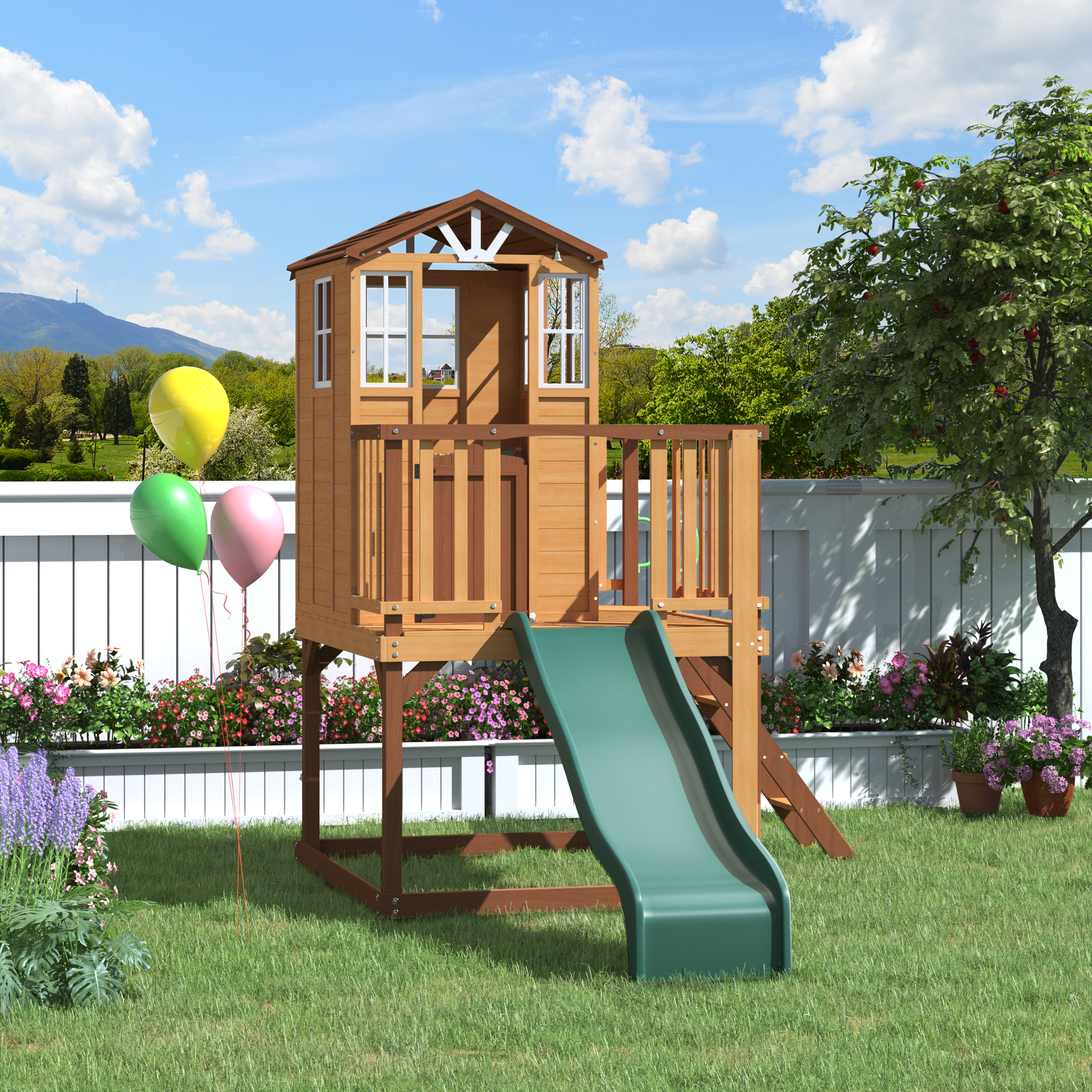 Erommy Kids Outdoor Wooden Playhouse with Slide, Climbing Ladder & Play Kitchen - Natural Fir Tree House for Children Ages 4-8 | Perfect for Backyard, Garden & Outdoor Playtime