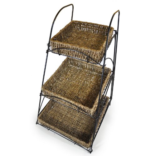 Lucky Clover Tristan Triple Tiered Square Display Stand with Handwoven Seagrass Baskets - Rustic Home Decor for Bathroom, Kitchen, or Living Room Organization