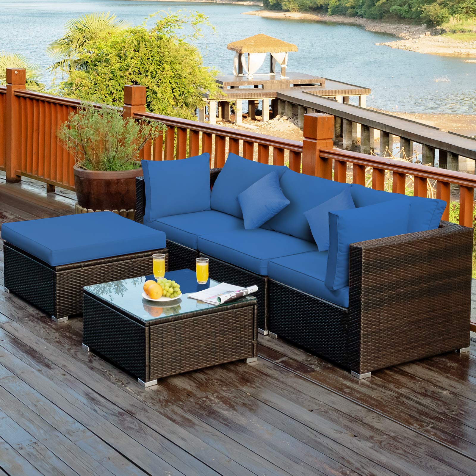 Tangkula 5-Piece Outdoor Patio Furniture Set - All-Weather Wicker Sectional Sofa with Cushions & Glass Table - Navy Blue Rattan Conversation Set for Backyard, Porch, Garden, Poolside & Deck Relaxation