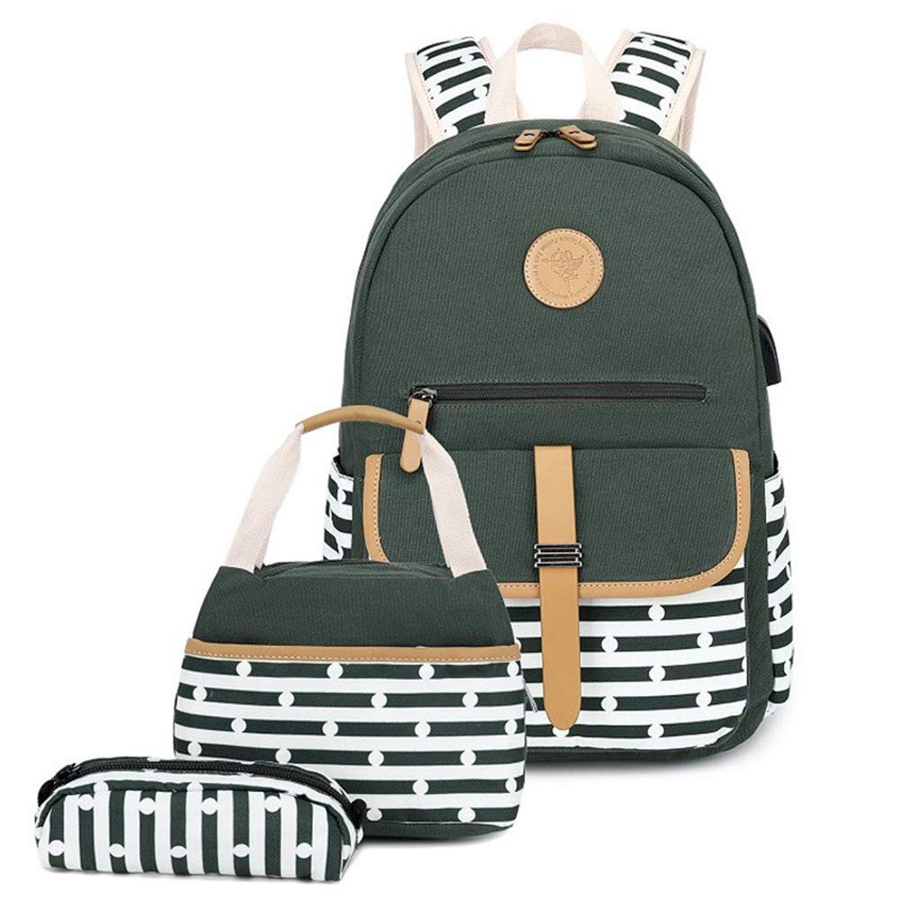 Girls Kids School Backpack with Lunch Box - Teen Rucksack Casual Canvas Striped Daypack - Laptop Book Bag with USB Charging Port (Army Green) - Perfect for School, Travel & Daily Use