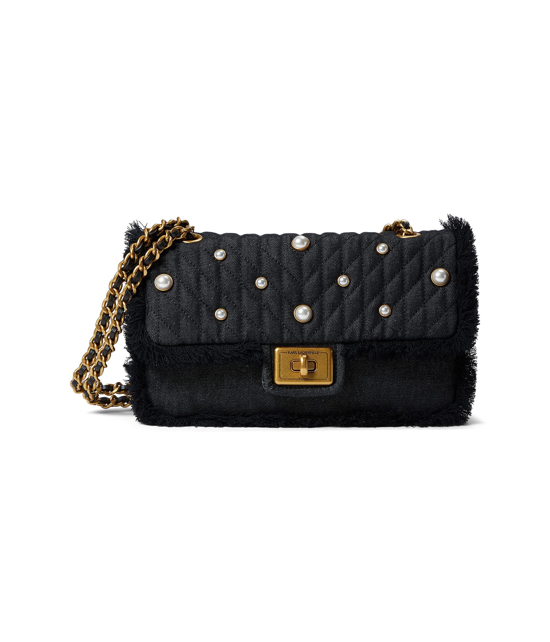 Karl Lagerfeld Paris Agyness Black Denim Shoulder Bag - Stylish Crossbody Purse for Women, Perfect for Casual Outings, Shopping & Travel