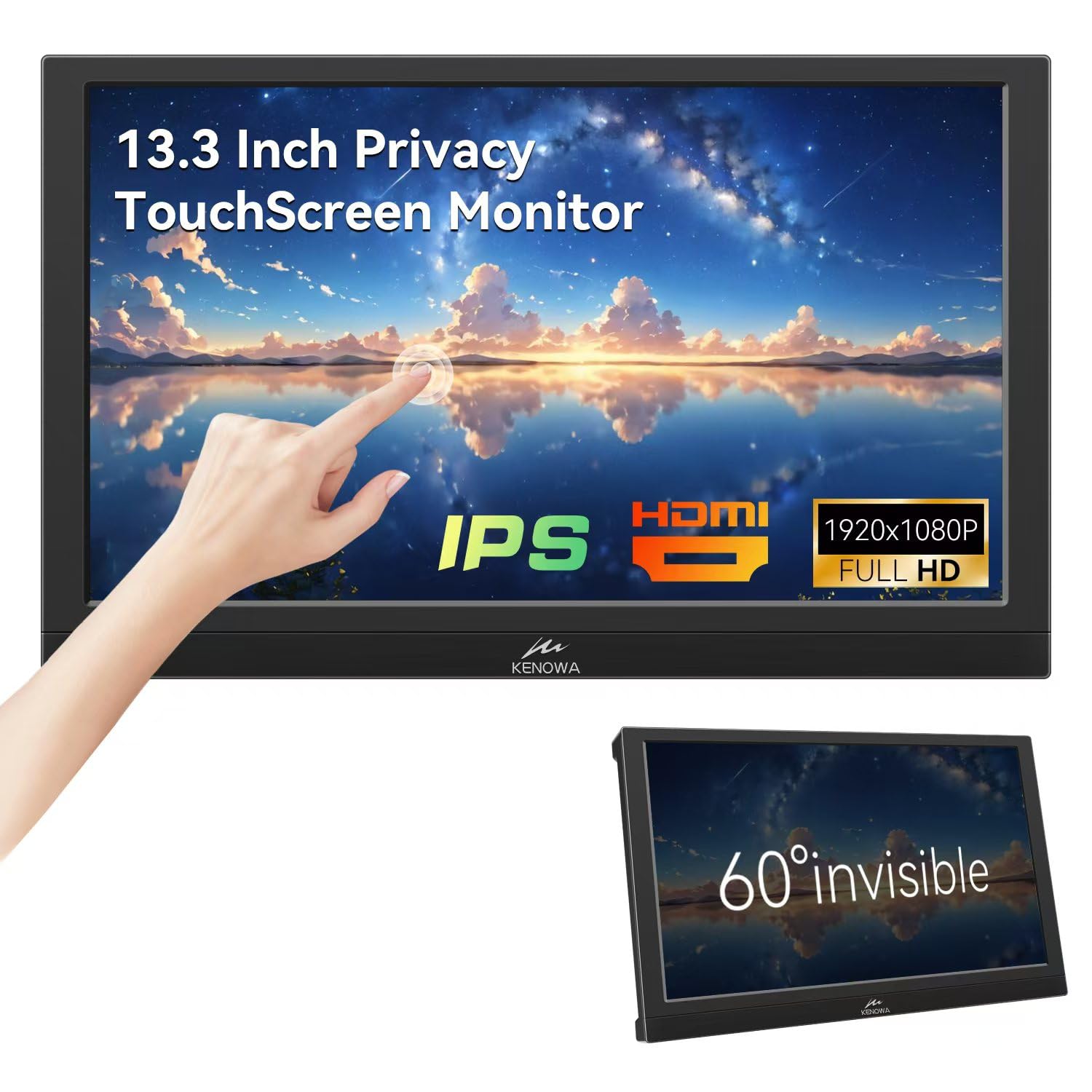 Kenowa 13.3 Inch Portable Touchscreen Monitor - IPS FHD 1080P HDMI External Display with Built-in Privacy Screen, Speakers & Adjustable Stand for Laptop, Computer, Windows OS, Raspberry Pi - Perfect for Remote Work, Gaming & Presentations