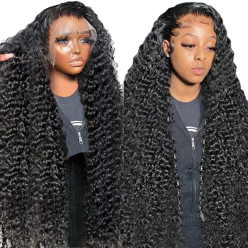 13x6 HD Lace Front Wig Human Hair - 200% Density Deep Wave Glueless Wig with Pre-Plucked Hairline & Bleached Knots - Natural Black Deep Curly Lace Wig for Women (30 Inch) - Perfect for Daily Wear, Cosplay, Parties & Special Occasions