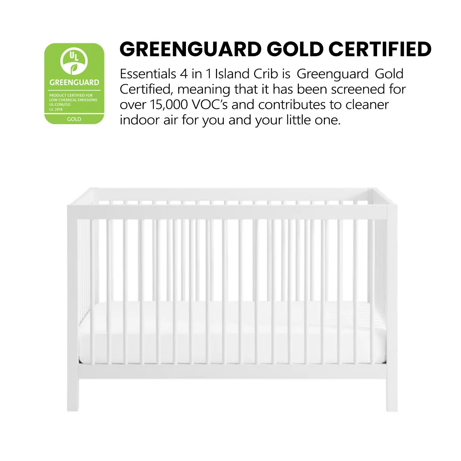 Oxford Baby Essentials Island Full Size 4-in-1 Convertible Baby Crib with Round Spindles, White - Safe Nursery Furniture for Newborns & Toddlers | Perfect for Bedrooms & Daycare Centers