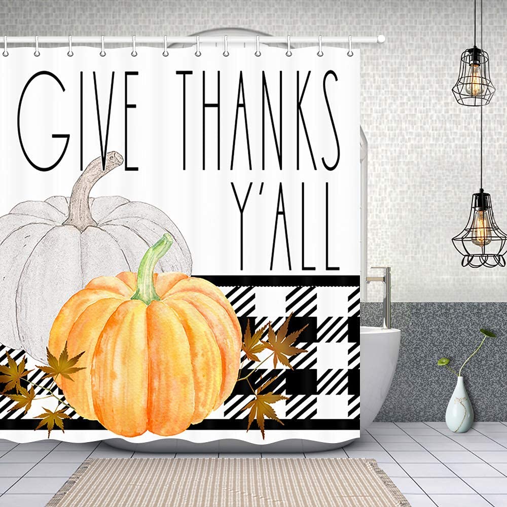 Rustic Farmhouse Thanksgiving Pumpkin & Maple Leaf Buffalo Check Plaid Shower Curtain - Black & White Bathroom Decor (72x72 Inches) for Autumn Fall & Holiday Season Home Decor