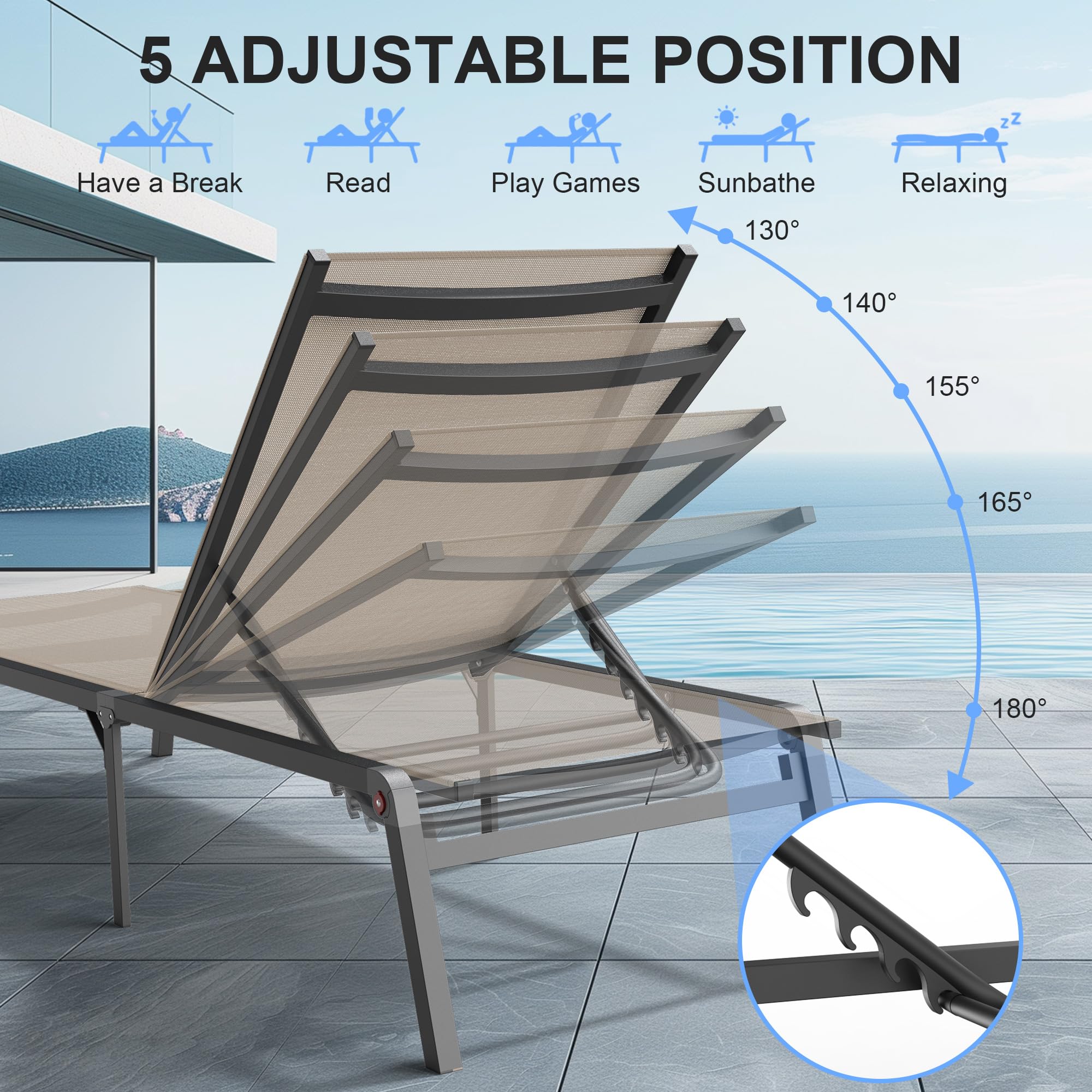 Premium Foldable Outdoor Lounge Chair - 0-60° Adjustable Backrest, No Assembly Tanning Chaise - Lightweight Stainless Aluminum Frame for Patio, Poolside & Beach Relaxation (Khaki) | Perfect for Sunbathing, Backyard Lounging & Vacation Getaways