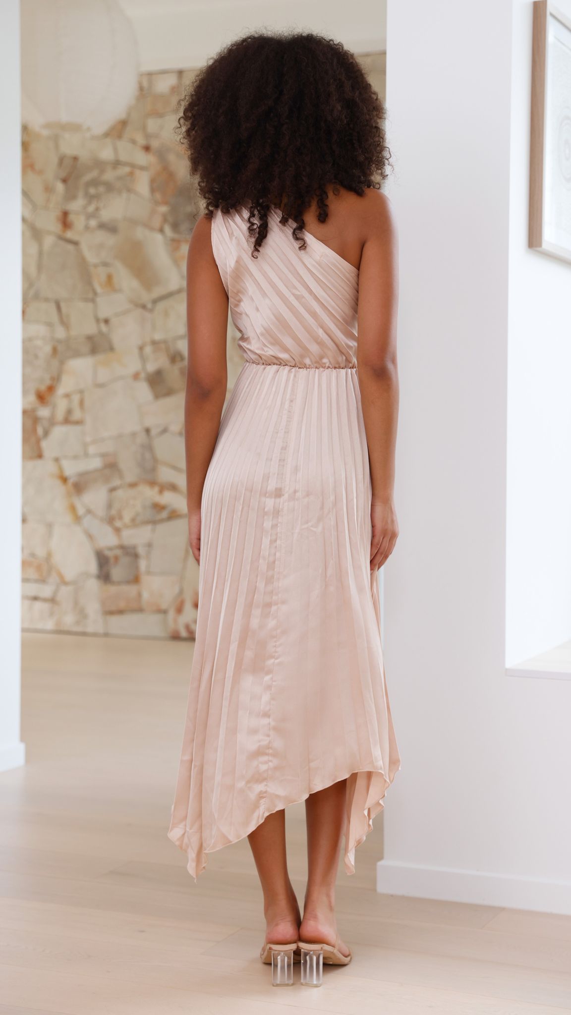 Elegant One Shoulder Midi Dress in Champagne - Perfect for Cocktail Parties, Weddings & Evening Events