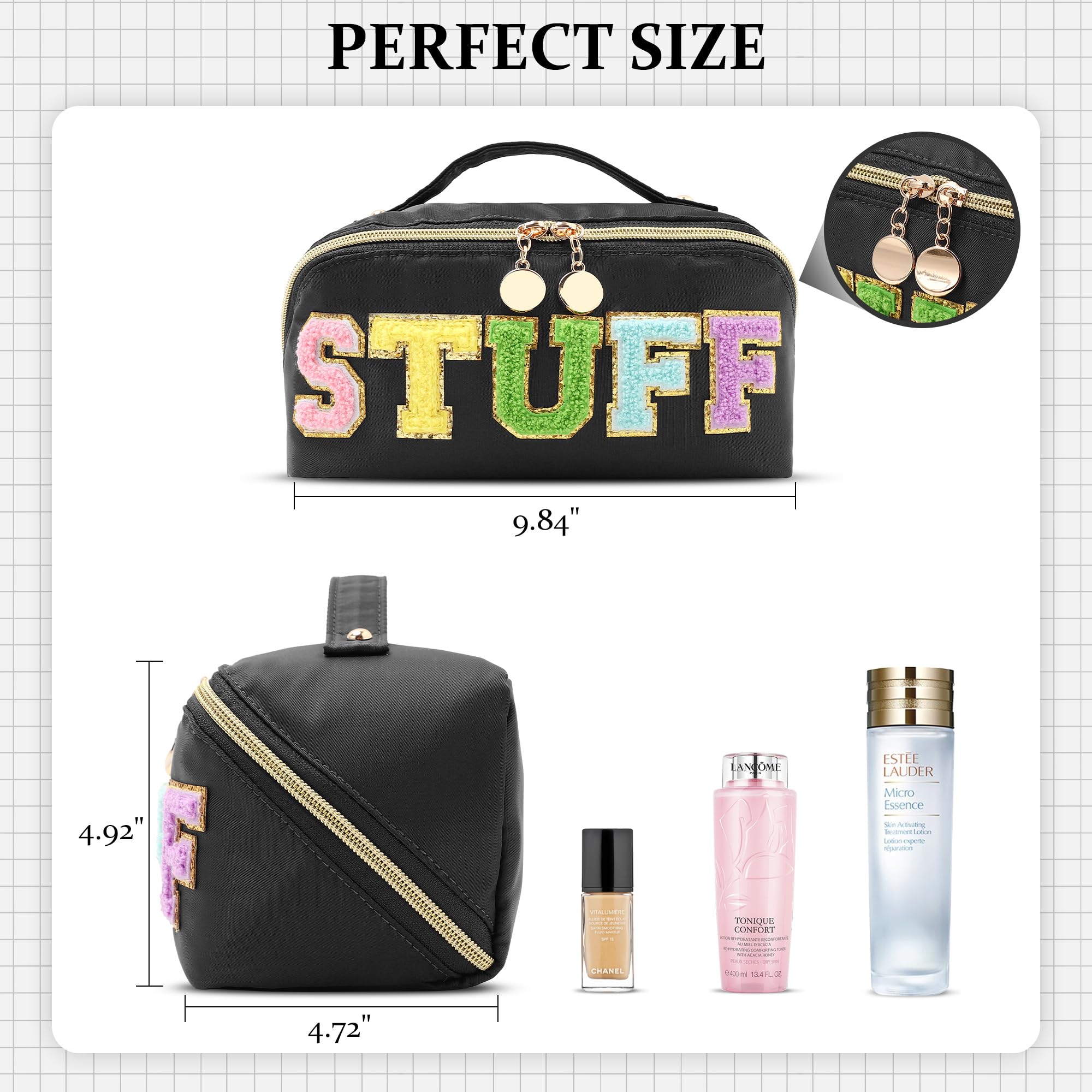 Stoney Clover Preppy Makeup Bag - Large Capacity Travel Cosmetic Organizer with Chenille Letters & Patch Design | Perfect for College, Gym, Vacation & Everyday Use (Black)