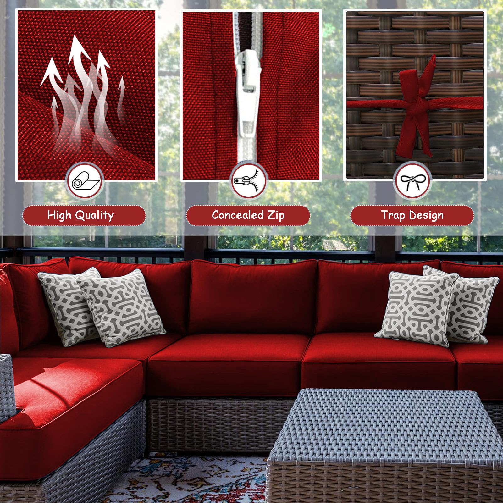 Waterproof Outdoor Sectional Couch Cushion Covers - 12-Piece Set with Zipper for Rattan Patio Furniture (Red) | Durable Replacement Slipcovers for Garden, Poolside & Backyard Lounge