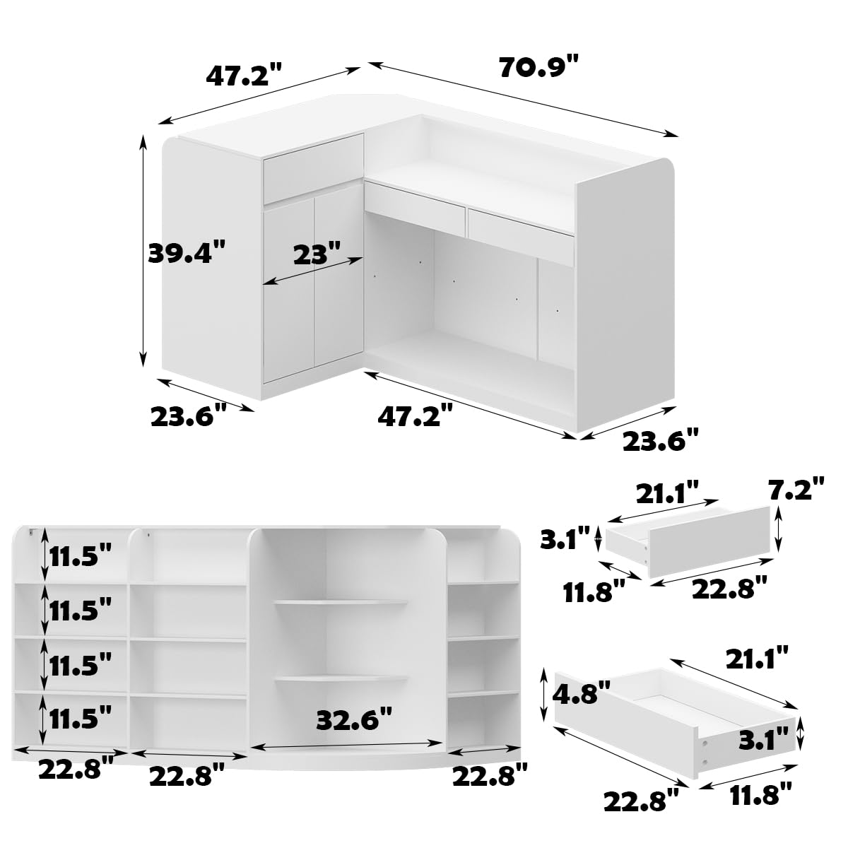 L-Shaped Reception Desk with 3 Drawers & Display Shelves - White Retail Checkout Counter for Shops, Salons & Offices - Perfect for Customer Service, POS Transactions & Waiting Areas