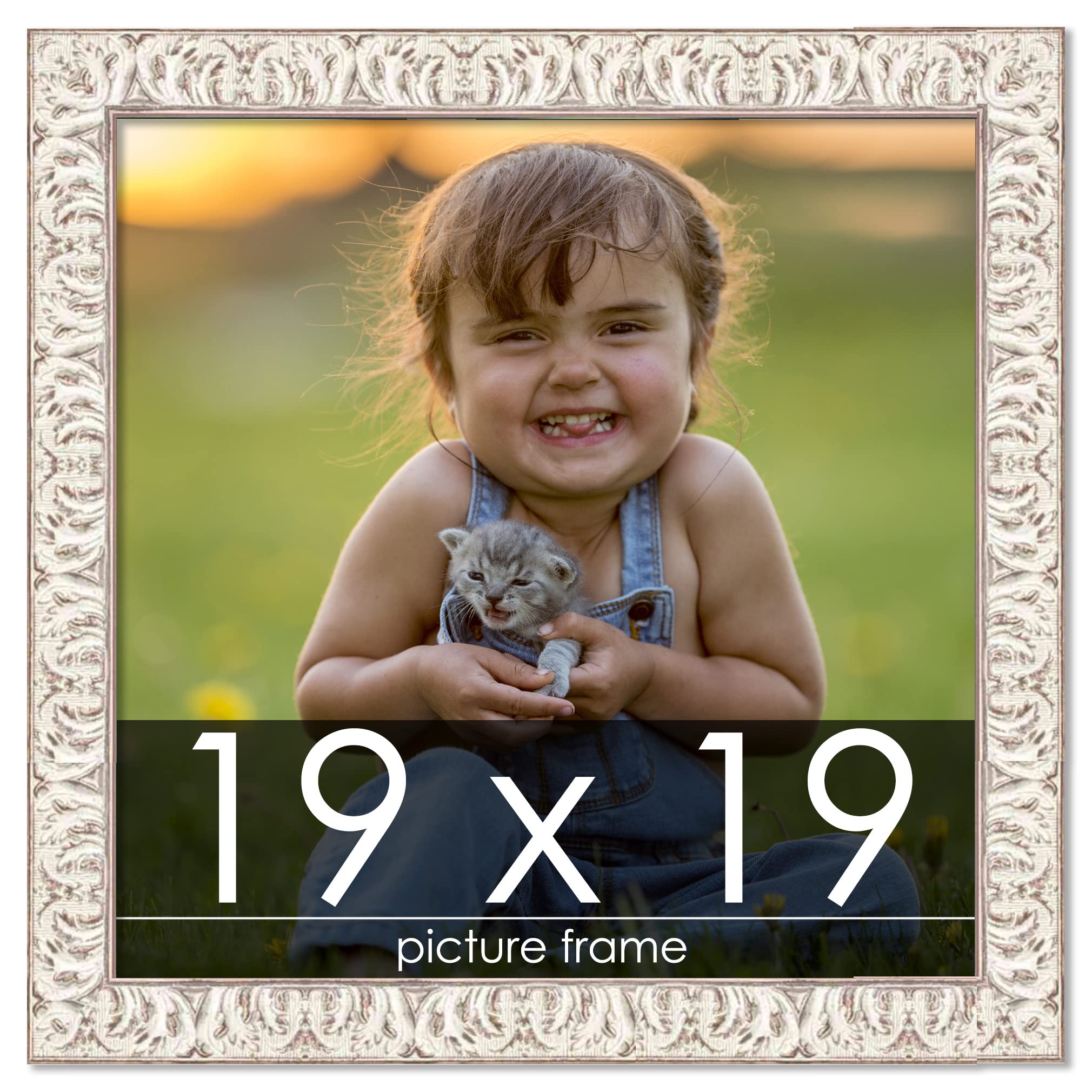 19x19 Ornate White Washed Wood Picture Frame - Square Poster Frame with UV Acrylic, Foam Board Backing & Hanging Hardware - Perfect for Wall Decor, Home Office, Gallery Displays & Gift Giving