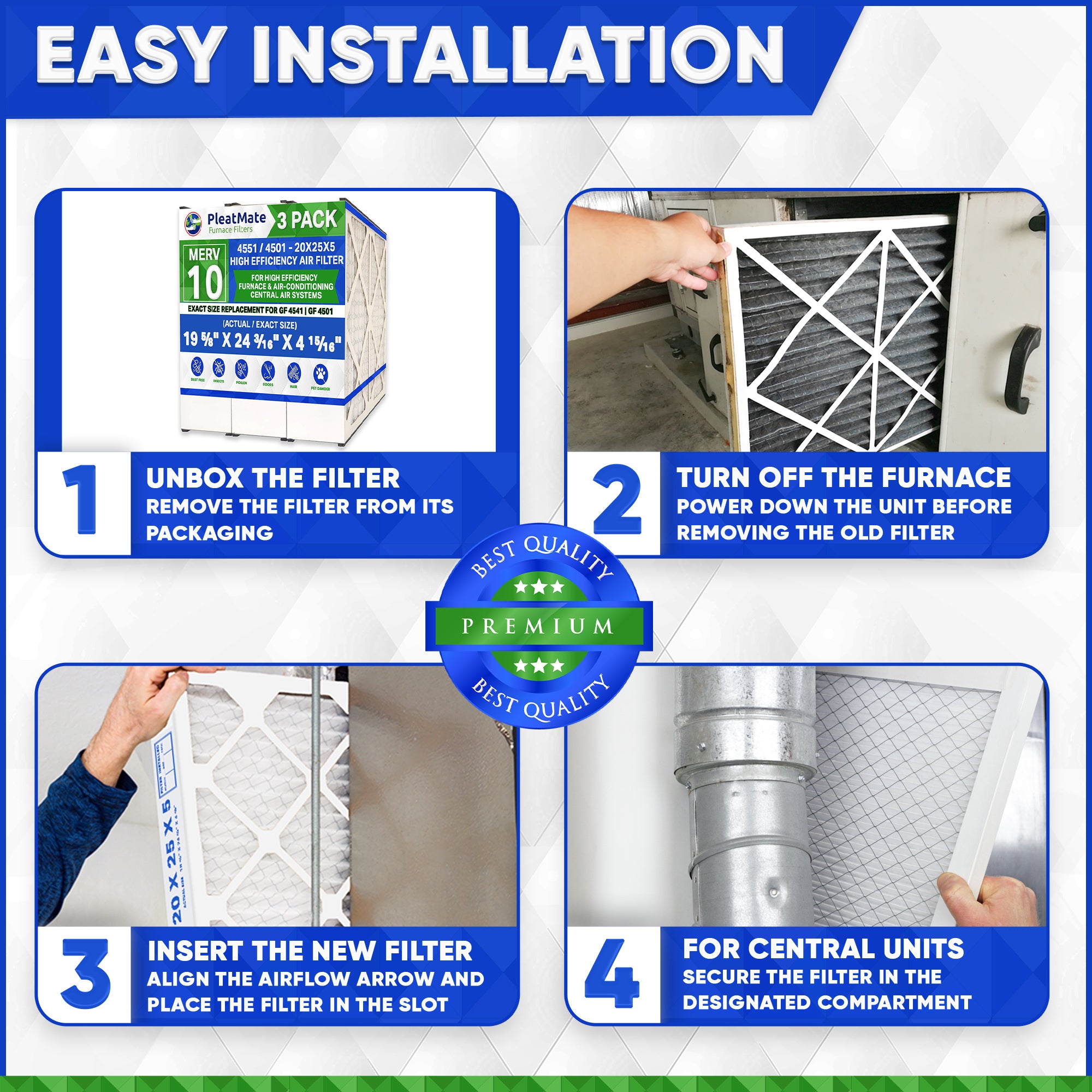 Generalaire 4501 MERV 10 Furnace Air Filter 20x25x5 - 3 Pack Replacement for GF 4551 & Mac 2000 | Made in Canada | Perfect for Home HVAC Systems & Air Purifiers