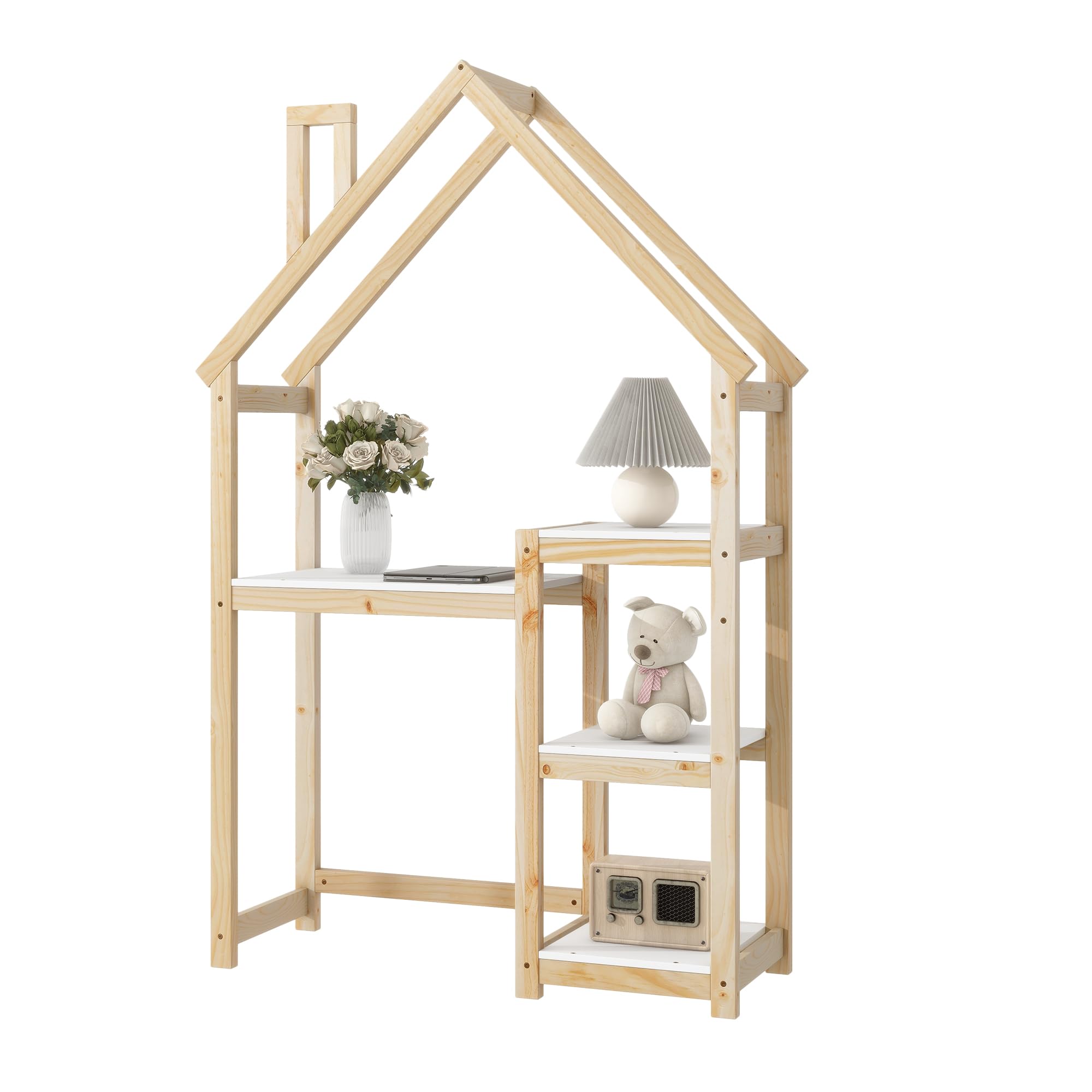 Kids Wooden House-Shaped Writing Desk - Multi-Functional Study Table with 3-Tier Storage Shelves, Open Bookshelf & Toy Organizer - Natural Wood Playroom Furniture for Homework, Crafts & Pretend Play
