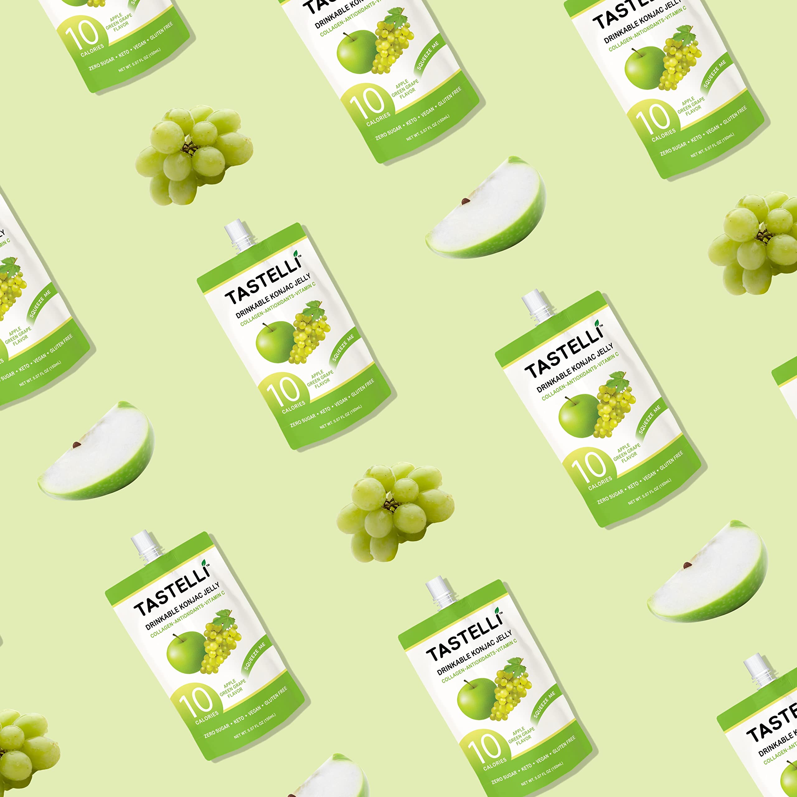 Collagen Konjac Jelly Drink with Vitamin C & Antioxidants - 10 Calories, Vegan, Zero Sugar, Healthy Drinkable Dessert (Apple & Green Grape Flavor) - 150mL x 10 Pouches | Perfect for Weight Loss, Snacking & On-the-Go Energy Boost