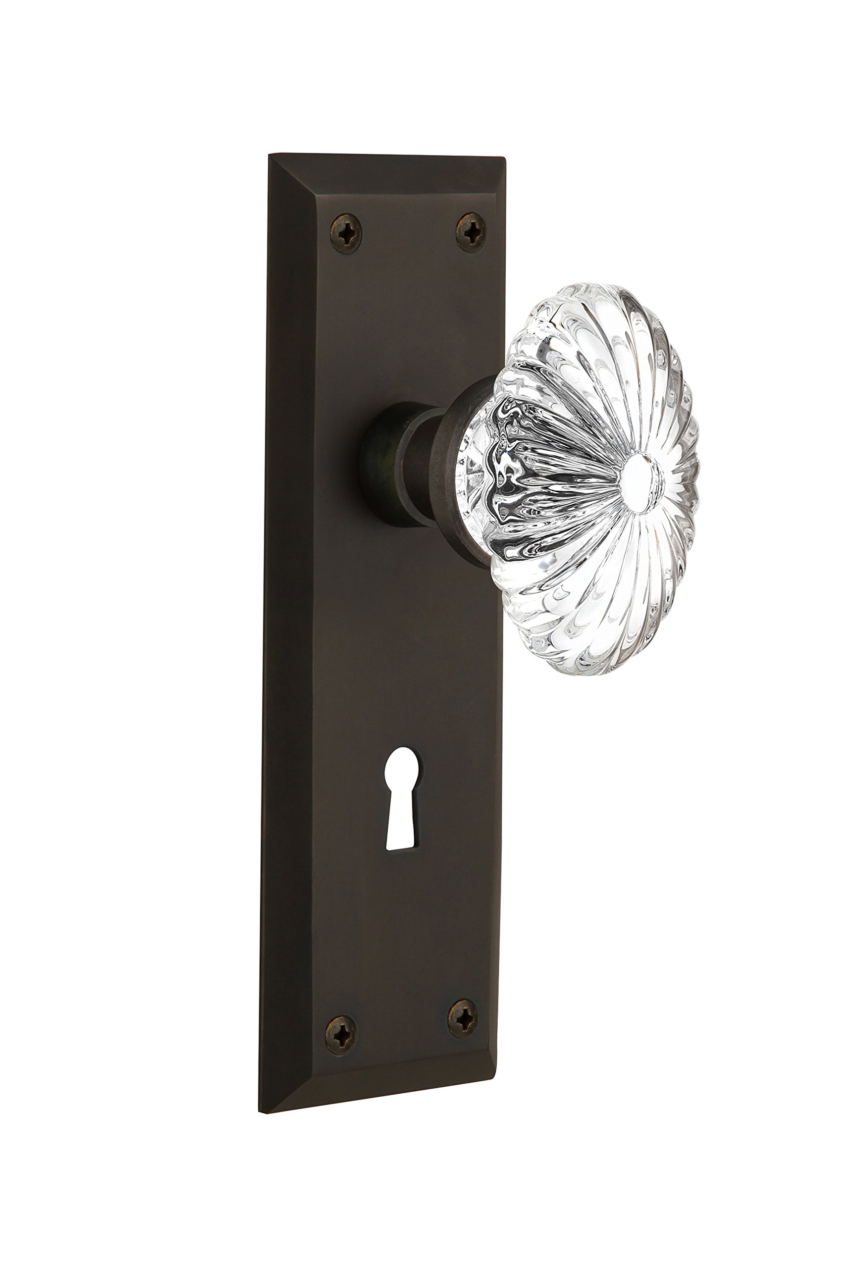 Nostalgic Warehouse 712126 Oil Rubbed Bronze New York Plate with Keyhole Oval Fluted Crystal Glass Knob - 2.375