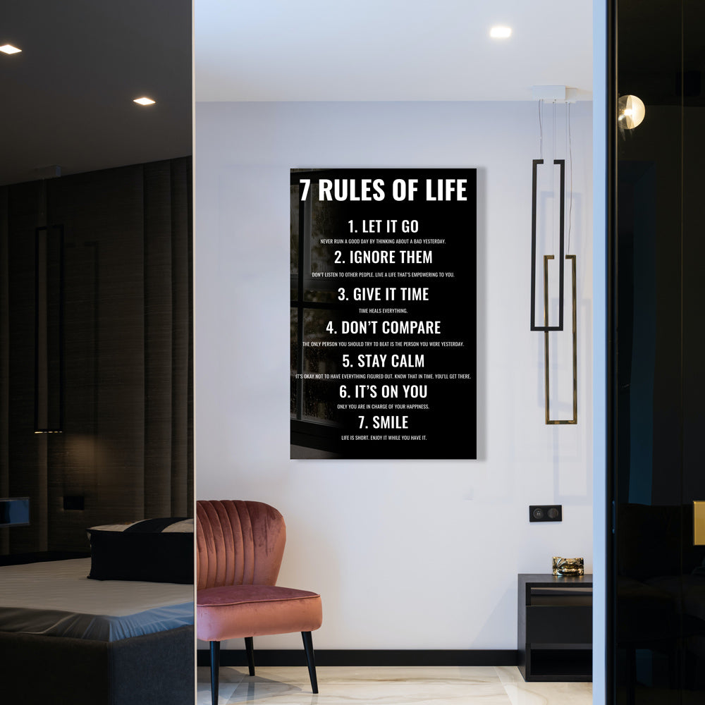 7 Rules of Life Motivational Glass Print Wall Art - Inspirational Home & Office Decor for Living Room, Bedroom, or Workspace