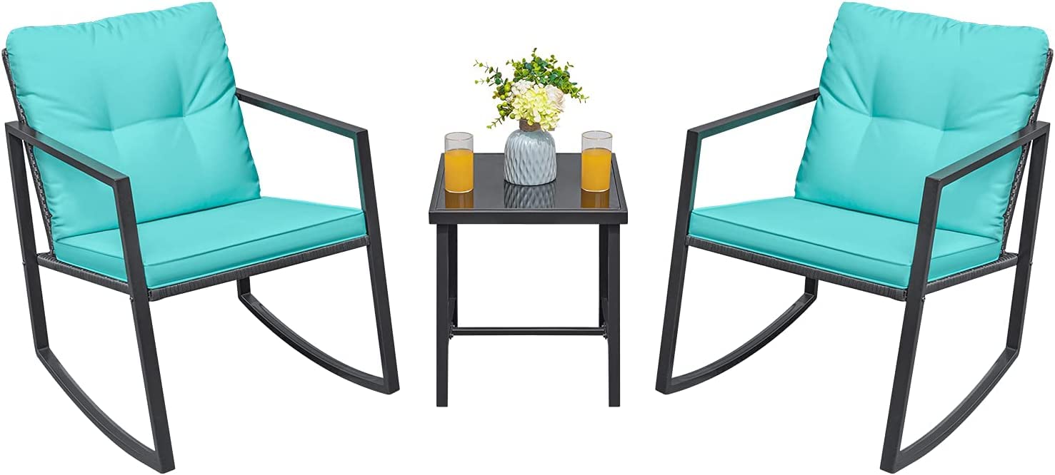 Greesum 3-Piece Wicker Rocking Bistro Set - Outdoor Patio Furniture with Porch Chairs & Glass Coffee Table - Blue - Perfect for Backyard, Garden, Poolside & Balcony Relaxation