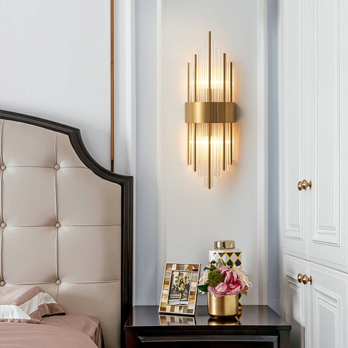 Luxury Gold Crystal Wall Lamp - 2 Pack Brushed Brass Wall Sconce with Crystal Rods, Elegant Vanity Mirror Lighting for Bedroom, Hallway, Stairway & Living Room Decor | Perfect for Ambient Lighting and Home Decoration