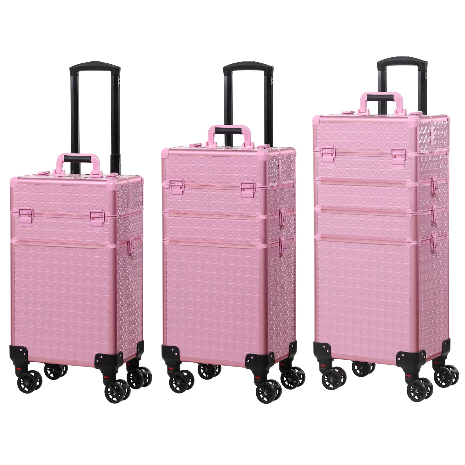 4-in-1 Rolling Train Case - Professional Portable Makeup Organizer with Trolley Cart | Cosmetic Storage & Travel Case for Makeup Artists (Pink) | Perfect for Salon, Home Use & On-the-Go Beauty Professionals