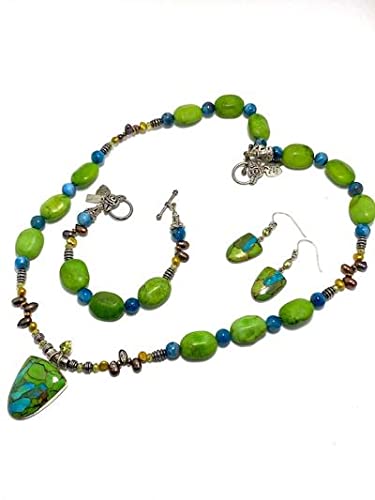 925 Sterling Silver Jewelry Set with Blue Turquoise, Peridot, Apatite & Freshwater Pearls - Boho Necklace, Bracelet & Earrings Set for Women | Perfect for Weddings, Parties & Everyday Wear