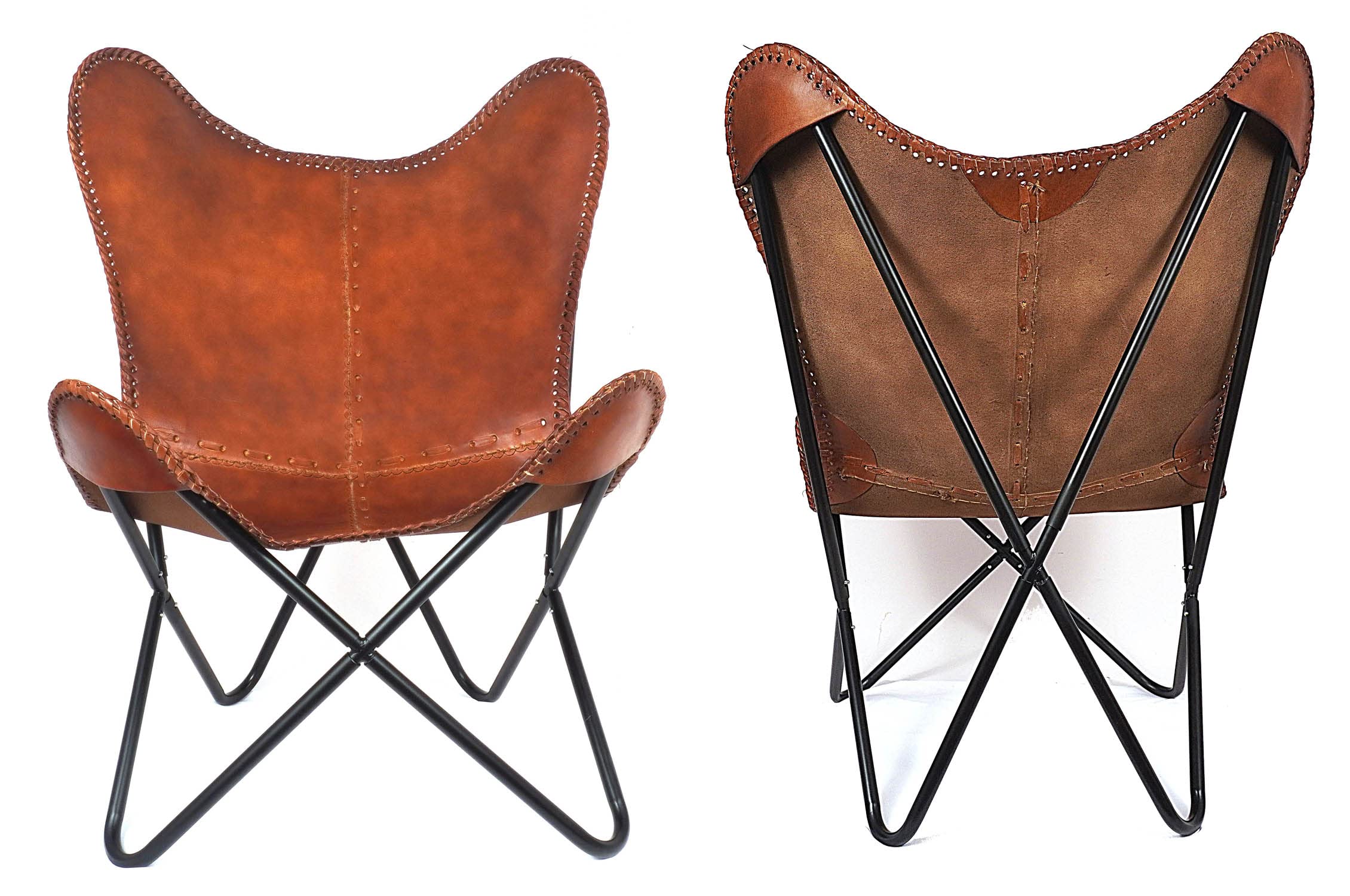 Hand-Stitched Brown Leather Accent Chair with Black Iron Frame - Boho Style Side Chair for Living Room, Bedroom & Office - Perfect for Reading Nook, Lounge Area or Home Decor