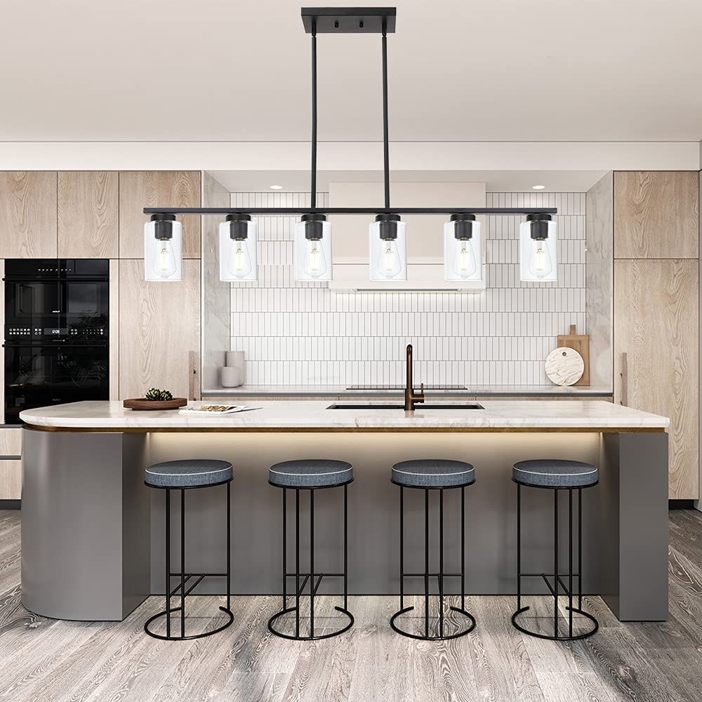 Black 6-Lights Kitchen Island Pendant Lighting with Clear Glass Shades - Farmhouse Style Hanging Light Fixture for Dining Room, Living Room & Kitchen Island - Perfect for Rustic Home Decor and Modern Farmhouse Interiors
