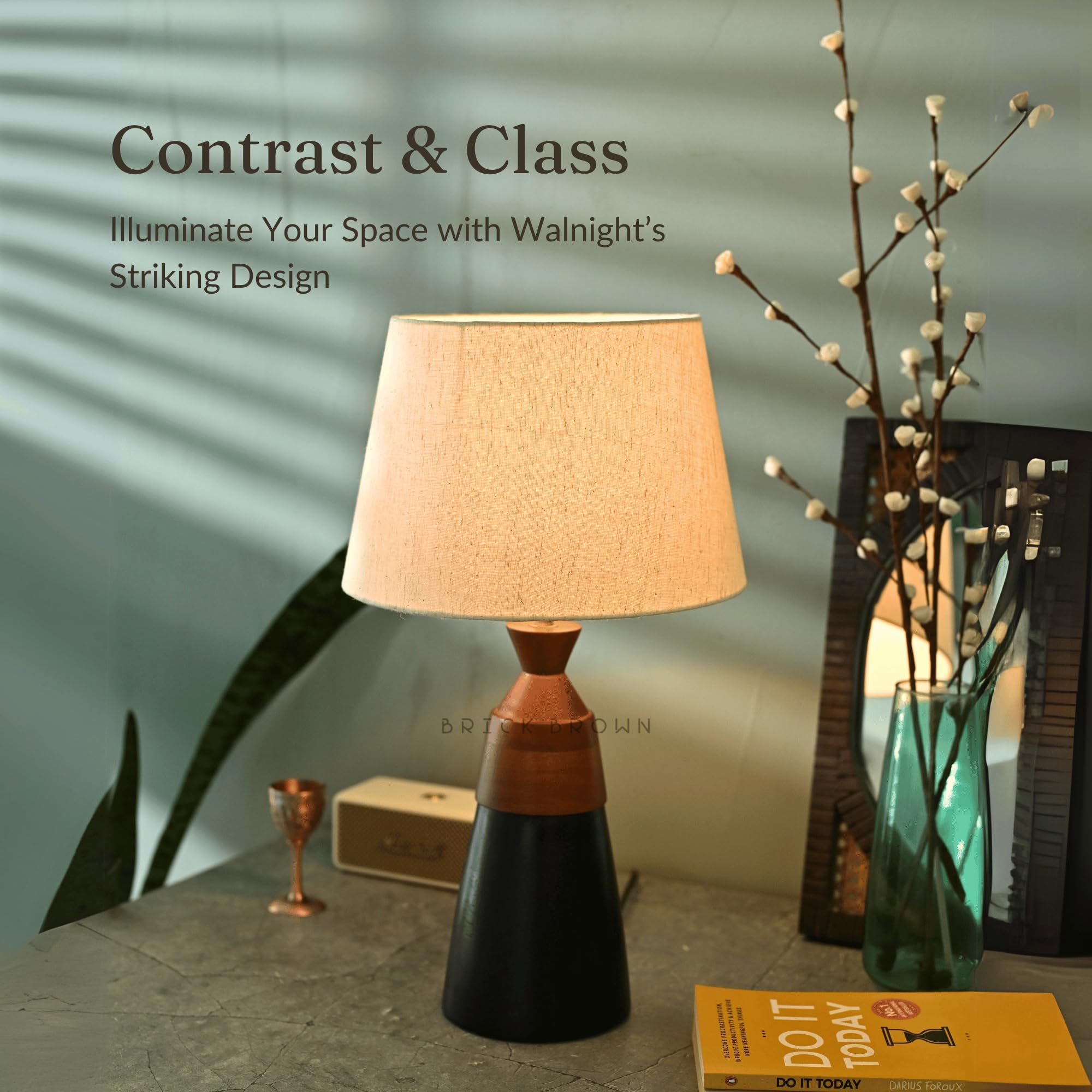Premium Wooden Walnight Lamp with Shade & Bulb - Brick Brown® Bedside Table Lamp for Bedroom, Living Room & Study | Warm Ambient Lighting for Reading, Relaxation & Home Decor