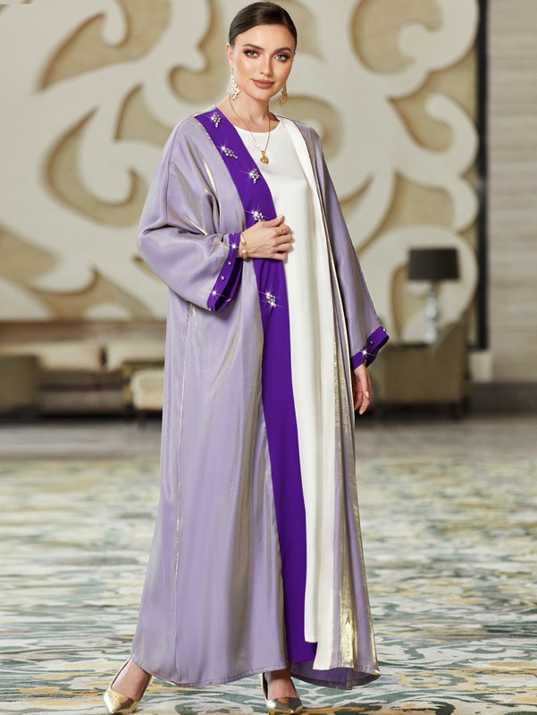 Elegant Hand-Stitched Rhinestone Purple Cardigan Open Abaya Dress for Women | Boho Chic Cover-Up for Parties, Weddings & Special Occasions