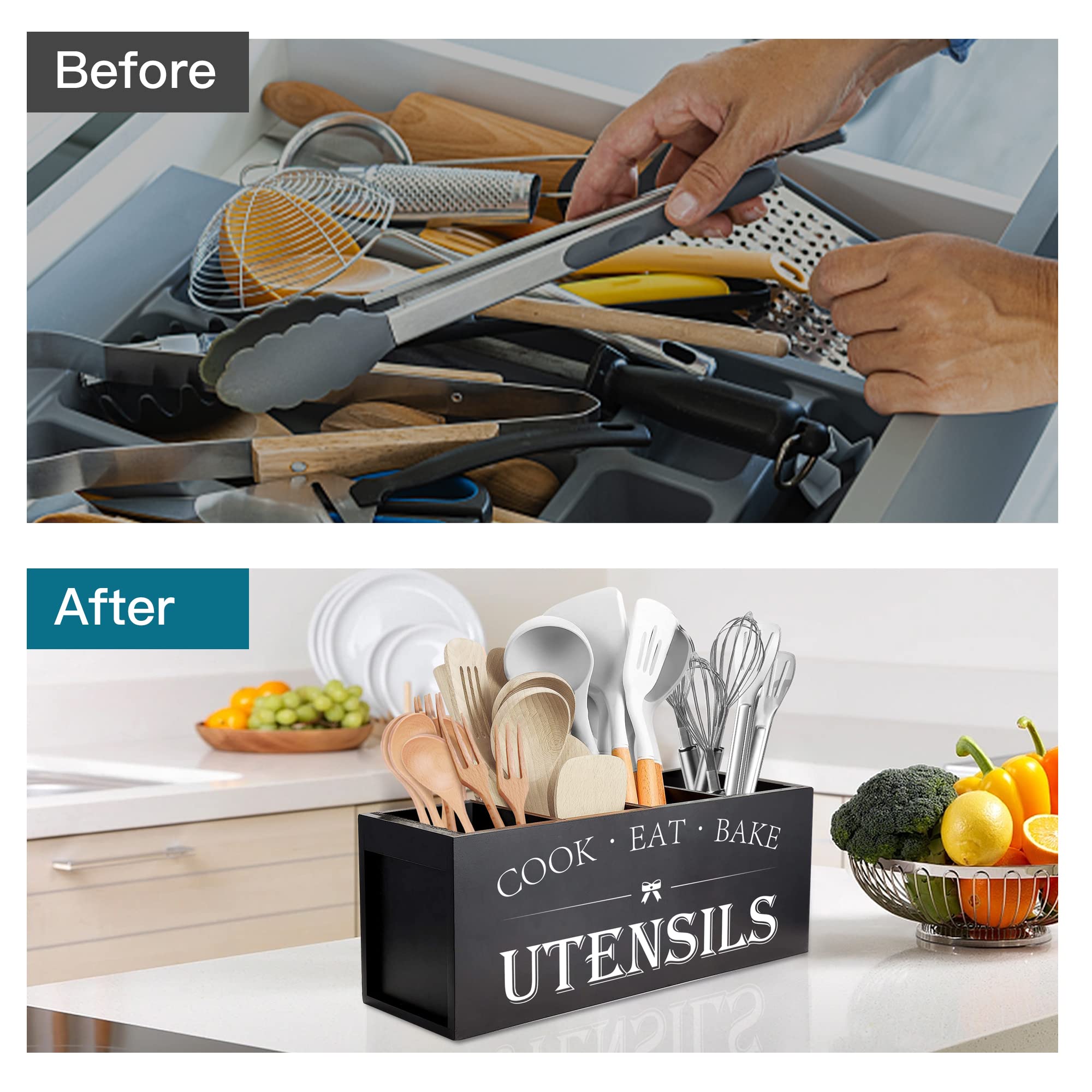 Extra Large Wooden Kitchen Utensil Holder with 4 Compartments - Rustic Farmhouse Countertop Organizer for Cooking Tools, Spoons & Spatulas - Black - Perfect for Kitchen Counter Organization & Farmhouse Style Decor