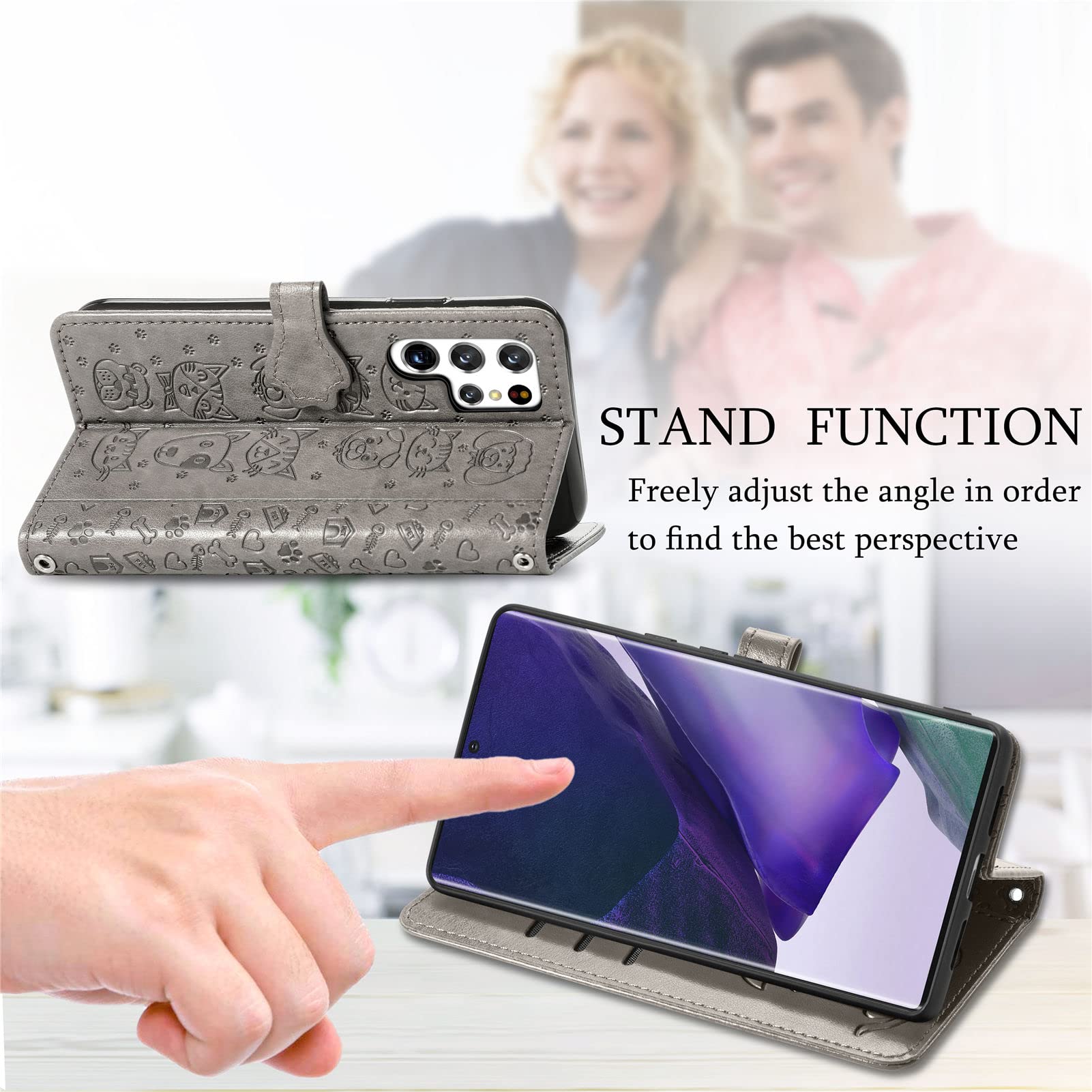 **Cute Cartoon Wallet Case for Samsung Galaxy S22 Ultra (Not S22) – Cat & Dog Style Flip Cover with ID Card Holder, PU Leather Protective Phone Case (MG Grey) – Perfect for Daily Use, Travel & Hands-Free Convenience**