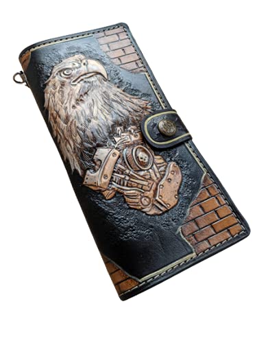 Harley Eagle Davidson V-Twin Motorcycle Engine 3D Genuine Leather Biker Wallet for Men - Handmade Custom Long Wallet with Airbrush Art & Carved Design - Perfect for Motorcycle Clubs, Riding Gifts & Biker Lifestyle Accessories