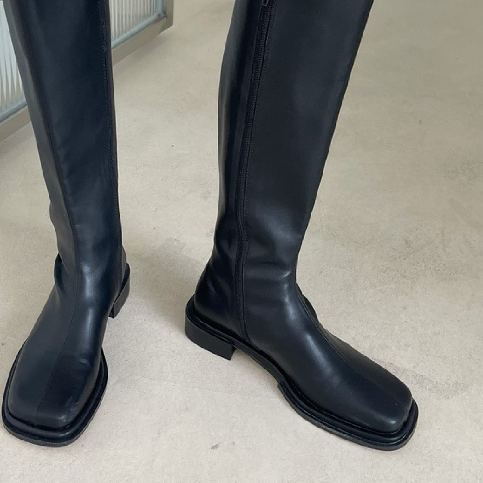 Women's Knee High Boots - Punk Style Synthetic Leather Riding Boots with Chunky Low Heel, Side Zip & Square Toe | Perfect for Fall Fashion, Motorcycle Riding & Everyday Wear