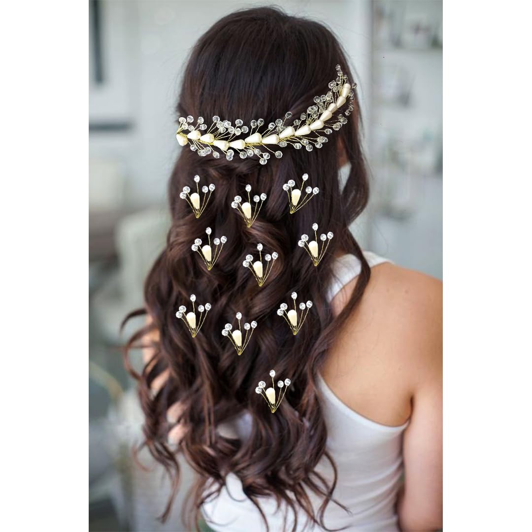 Elegant Gold Beaded White Metal Stone Hair Pins & Clips for Women - Hair Accessories Set (Pack of 2) - Perfect for Weddings, Parties & Daily Styling
