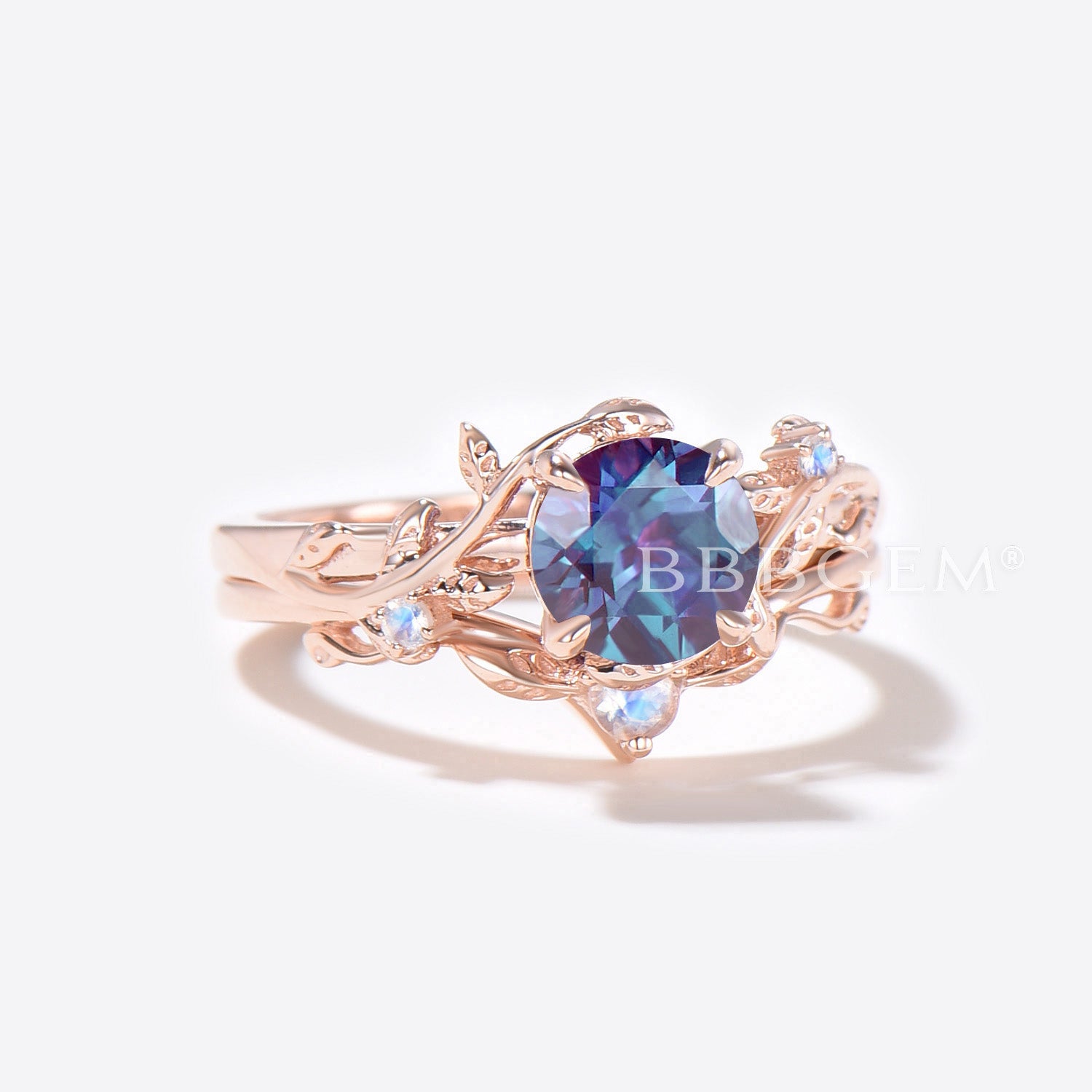 Rose Gold Leaf Round Alexandrite Engagement Ring Set - Vintage Branch Vine Moonstone Wedding Band - Perfect for Bridal Jewelry, Anniversary Gifts & Romantic Proposals