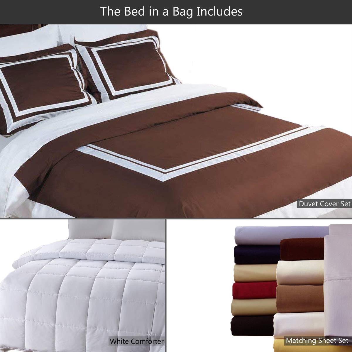 8-Piece Full Size Hotel Bed-in-A-Bag Set - 100% Cotton 300TC Chocolate & White Duvet Cover with Matching Sheets + White Down Alternative Comforter - Perfect for Guest Rooms, Vacation Homes & Luxury Bedroom Decor