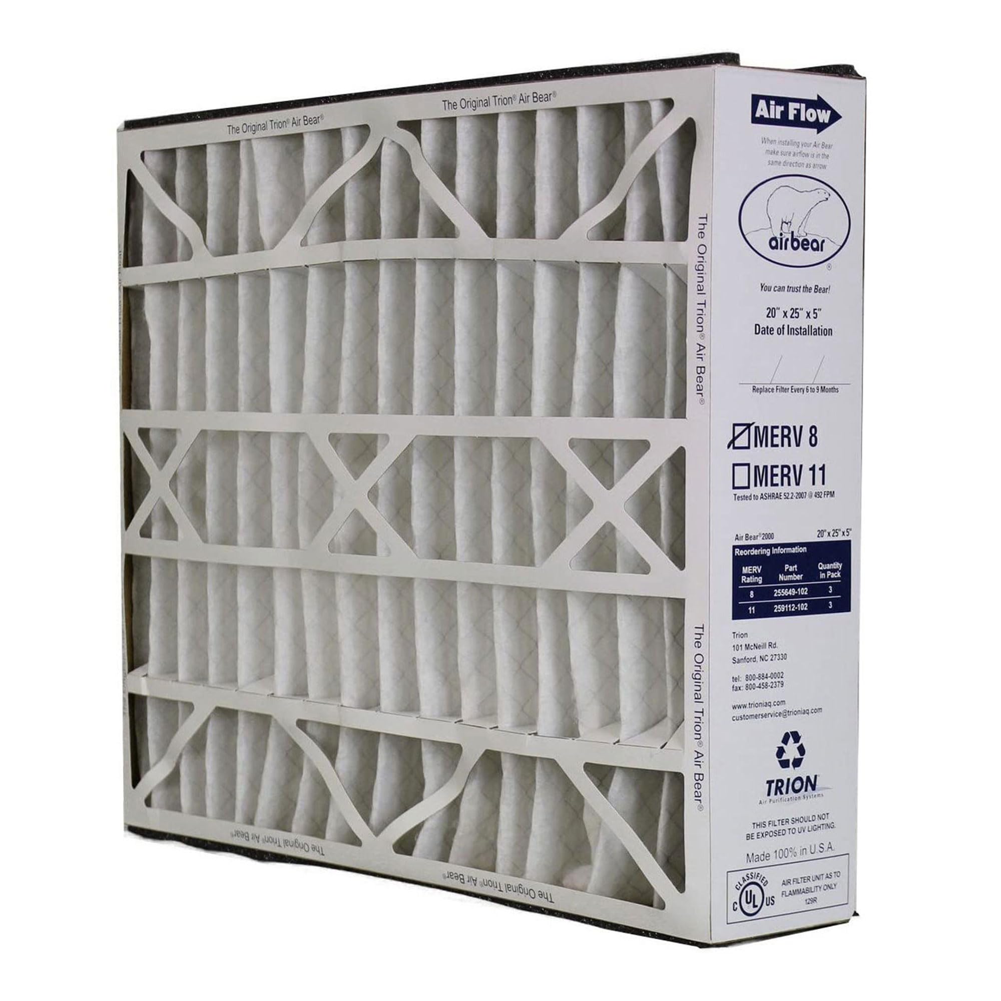 Trion 255649-102 Air Bear 20x25x5 MERV 8 Air Filter Replacement (3 Pack) - Compatible with Air Bear Supreme, Right Angle & Cub Air Cleaners | High Performance HVAC Filtration for Home, Office & Commercial Use