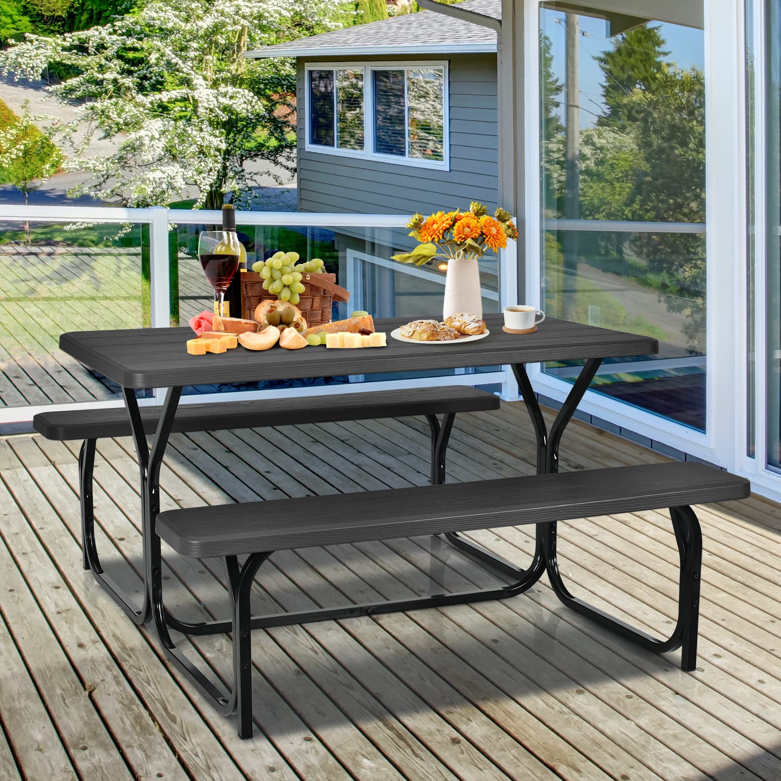 HappyGrill Outdoor Picnic Table Set with Steel Frame & Durable Plastic Table Top - Perfect for Garden, Backyard, Patio, and Camping Use