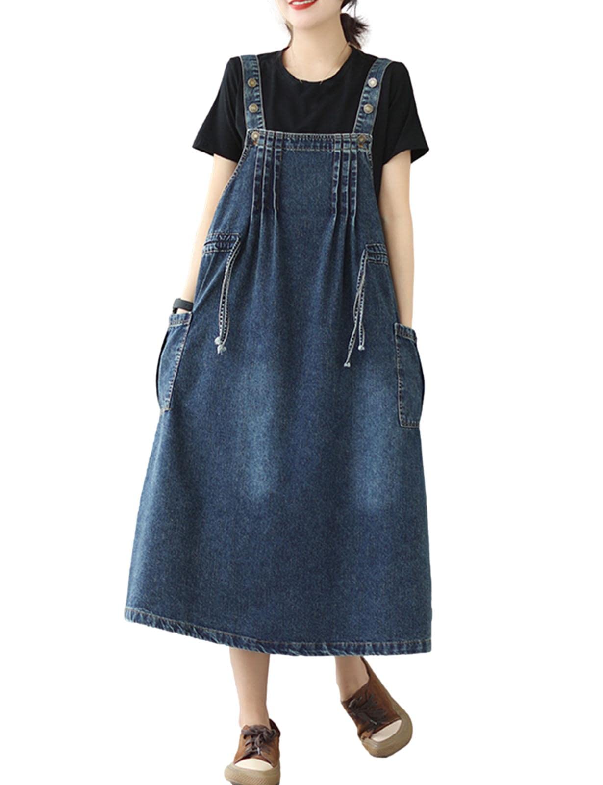 HALITOSS Women's Denim Overalls - Solid Color Midi Jumper Skirt with Loose Fit | Casual Outing, Weekend Wear, Spring & Fall Fashion