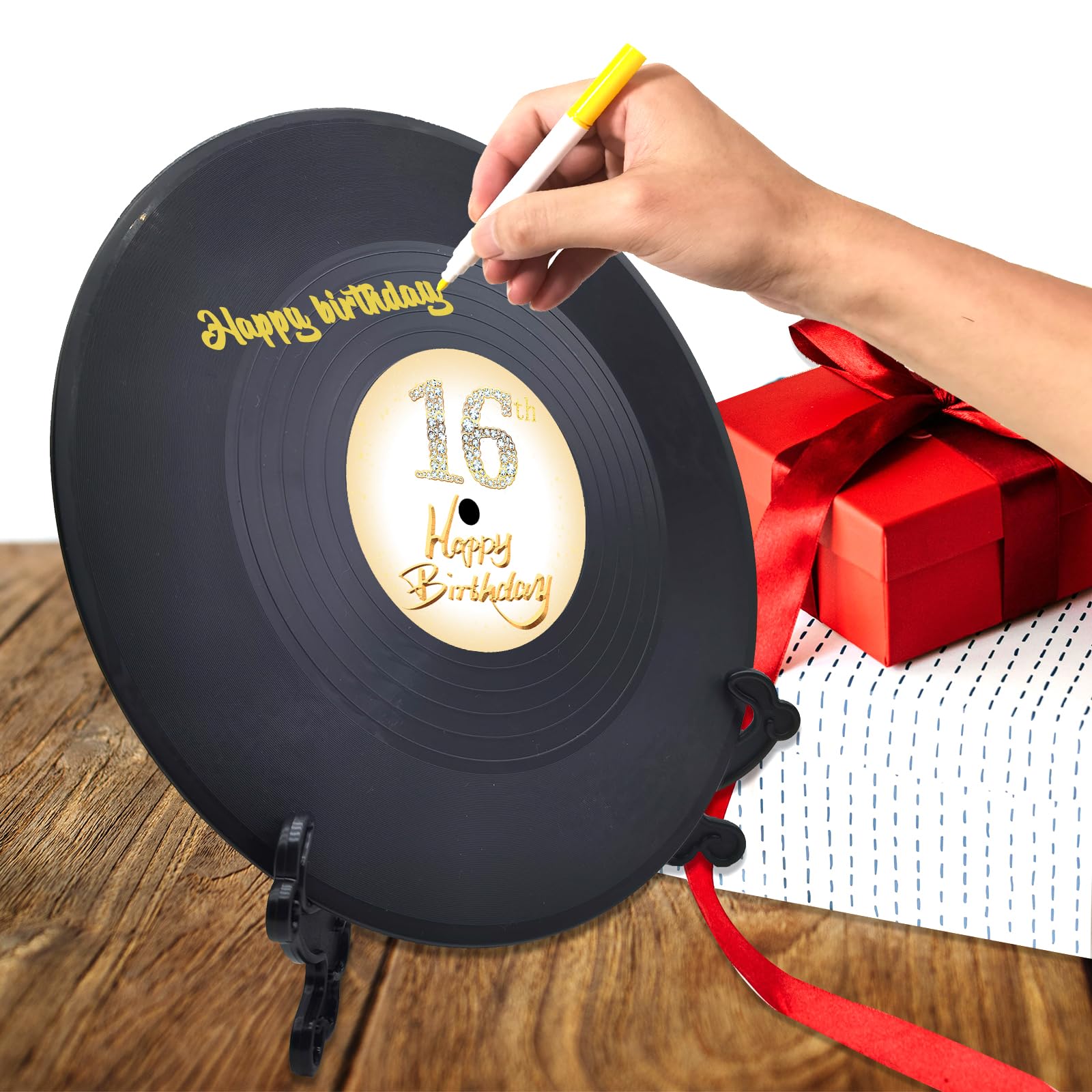 Sweet 16 Vinyl Record Birthday Decorations - 11.6x11.6 Inch Party Sign Poster, Unique 16th Birthday Guest Book Alternative - Perfect Sweet 16 Gifts for Girls & Boys (16 Years Old) - Great for Birthday Parties, Milestone Celebrations & Room Decor